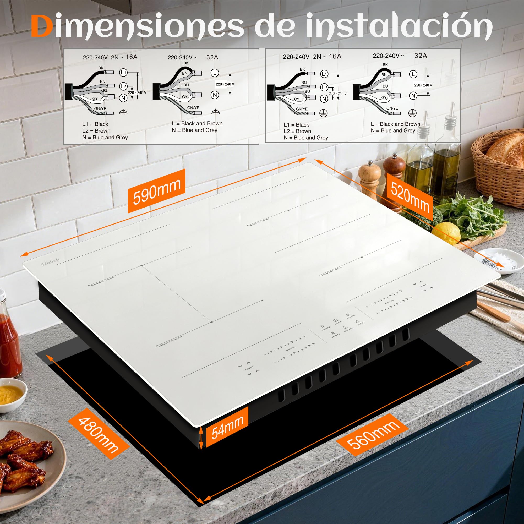 Hobsir Placa Induccion 4 Fuegos, Placa Induccion Blanca, Zona Flexible