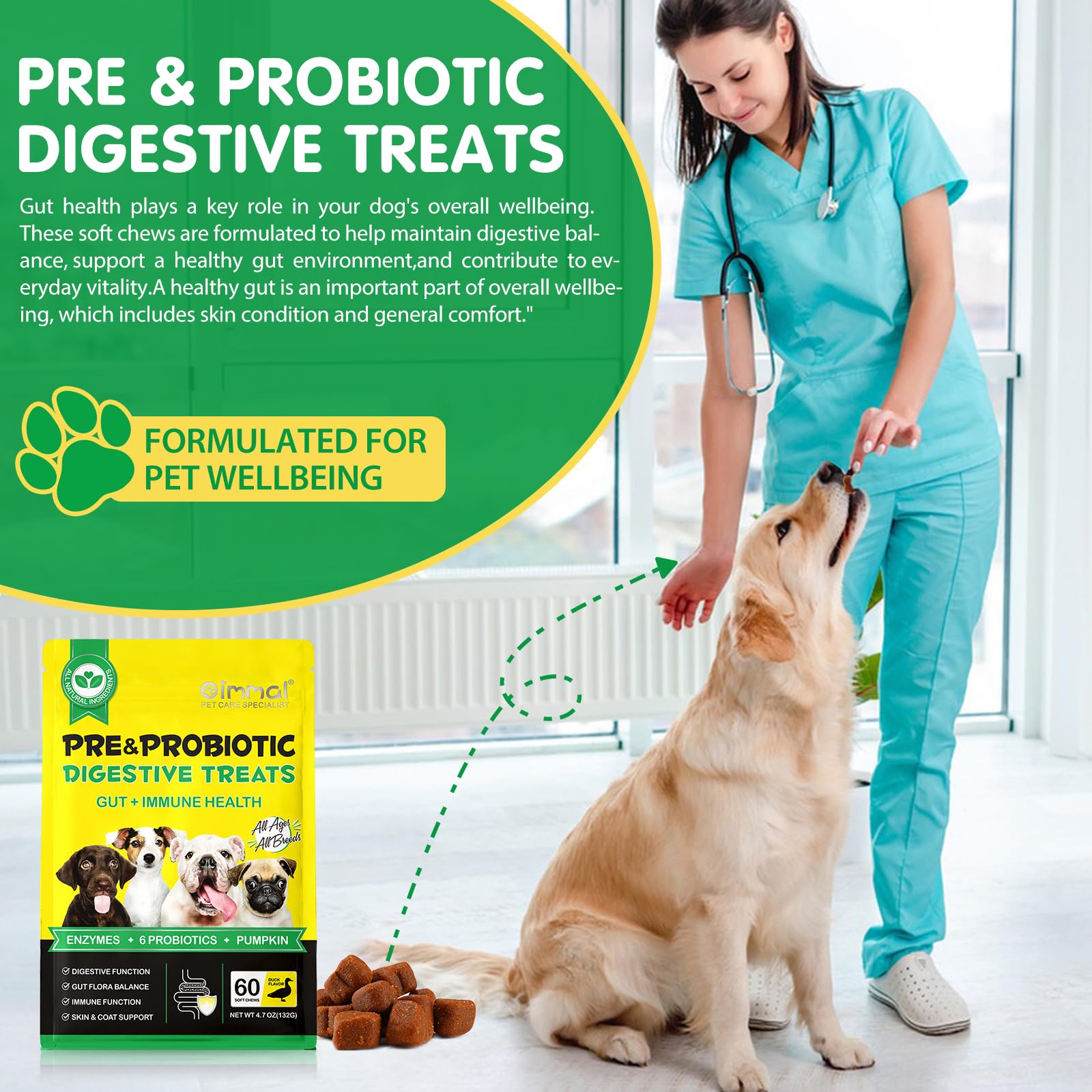 Probiotici per Cani - Masticatori Probiotici per la salute dell'intestino, Prurito Cutaneo, Diarrea - Masticatori per il Supporto Digestivo e il Sollievo Dalle Allergie Dei Cani con Enzimi