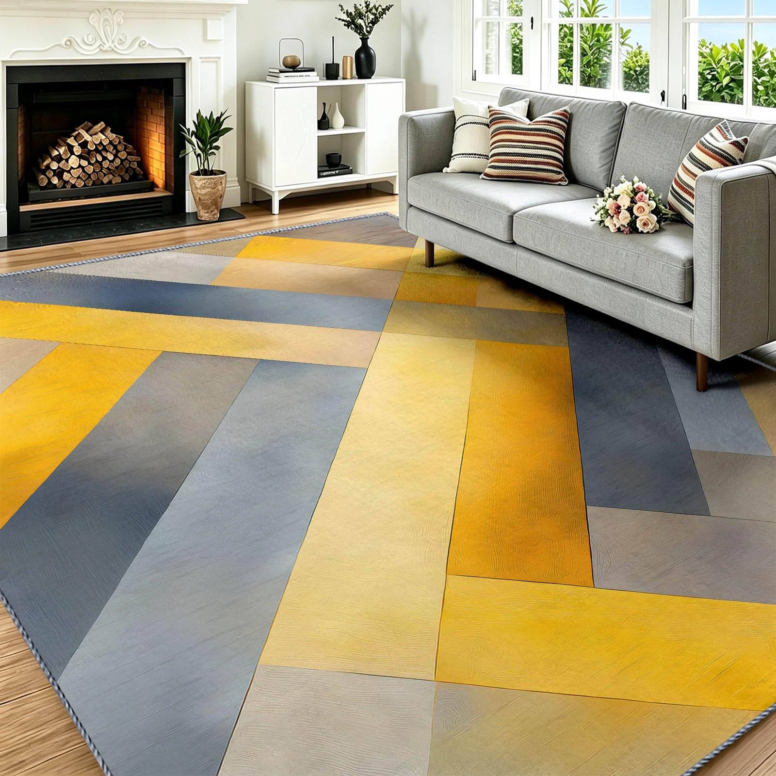 Tapis jaune géométrique lavable chevrons color-block anti-glisse 120x170