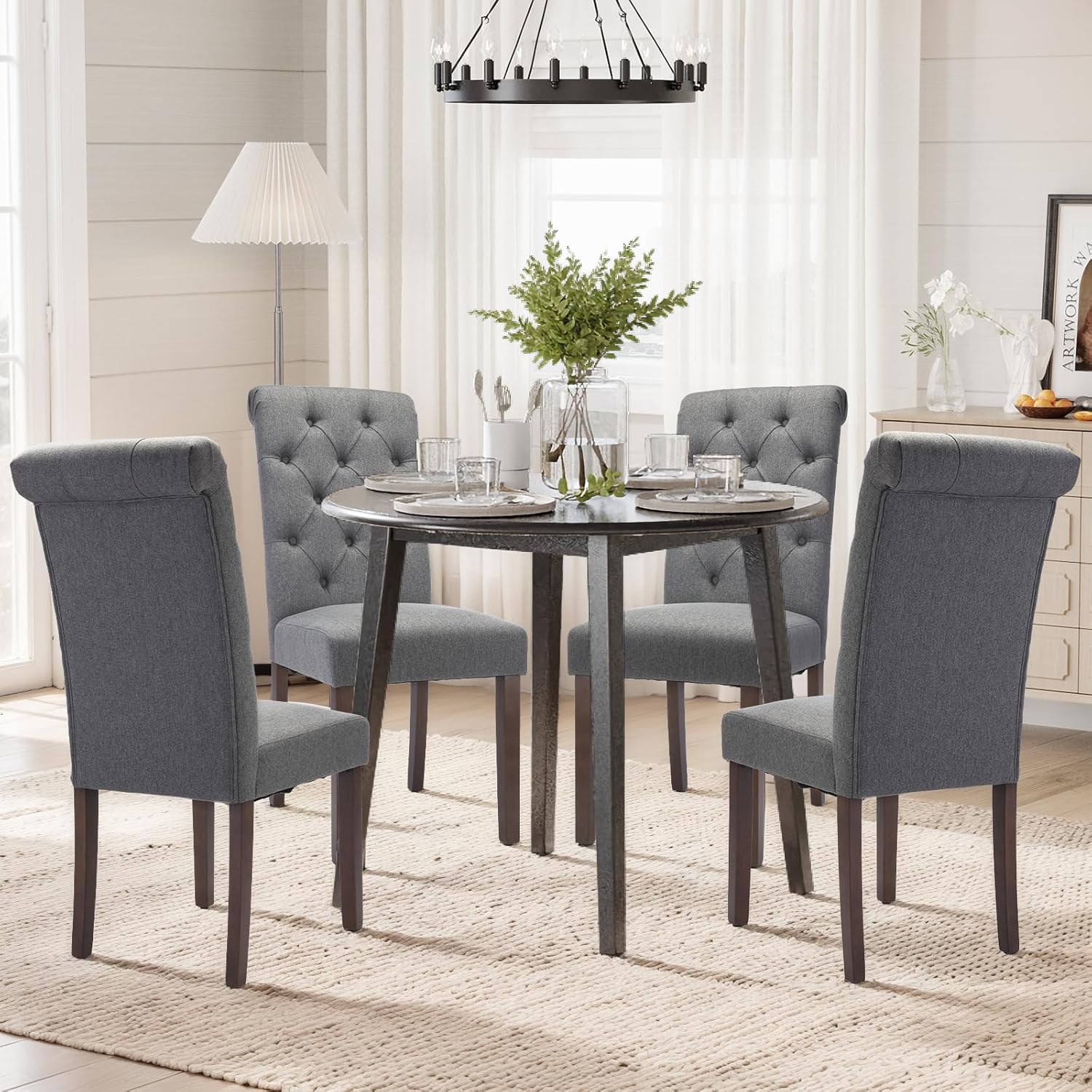 COLAMY Tufted Dining Chairs Set of 6, Parsons Dining Room Chairs Upholstered Fabric Diner Chair Stylish Kitchen Chairs with Solid Wood Legs and Padded Seat - Grey