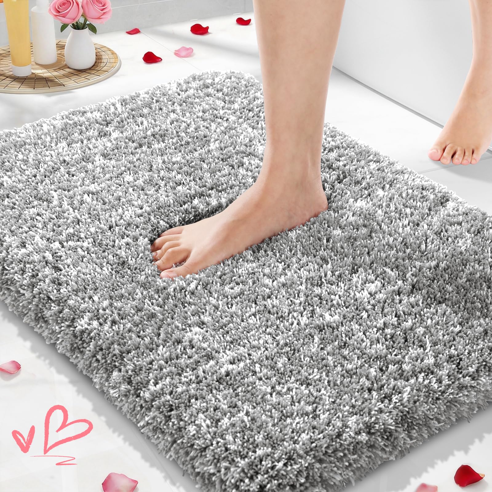 Yimobra Bathroom Rugs Non Slip Washable, Ultra Soft and Water Absorbent Bath Mats, Plush Fluffy Shower Mat Outside, Microfiber Thick Matts for Bathroom Floor/Sink, 24x17, Light Gray and White