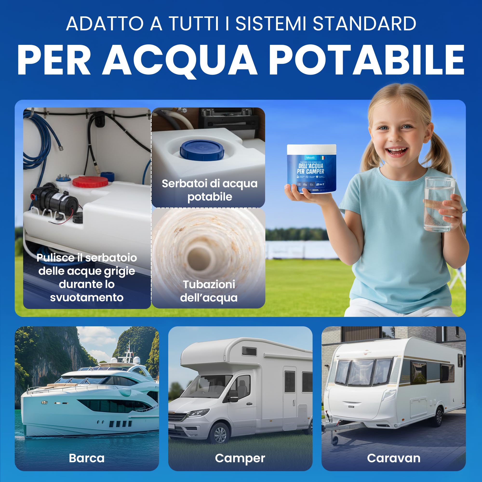 Pulizia Serbatoio Acqua Camper 1 KG | Pulisce e Disincrosta con Ossigeno Attivo | Senza Odori – Rimuove Biofilm e Sporco | Perfetto per Camper, Roulotte e Barche