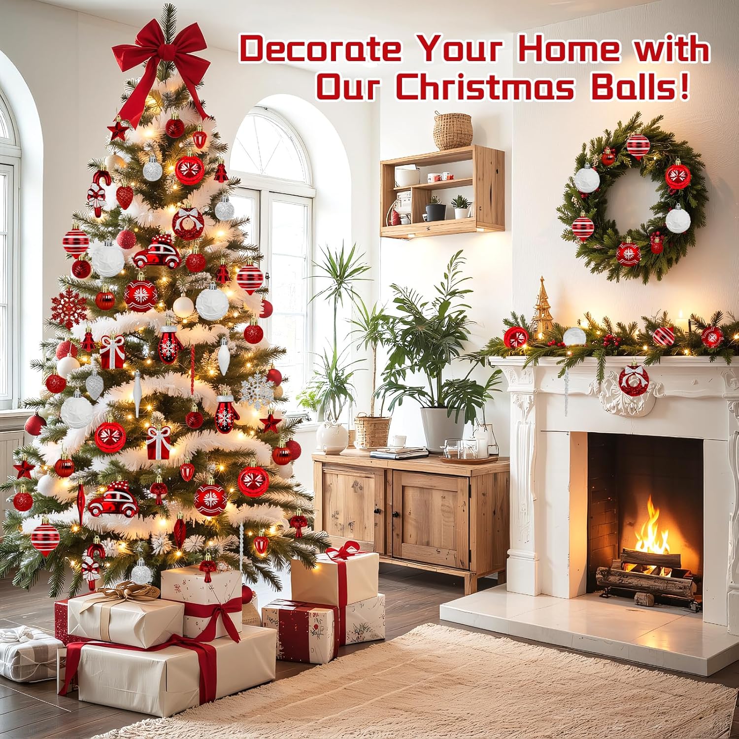 82PCS Christmas Ornaments, Ornaments with Hanging Strings for Christmas Tree Decorations, Hanging Xmas Decorations with Kraft Paper Box with Lid for Holiday, Party(Red&White)