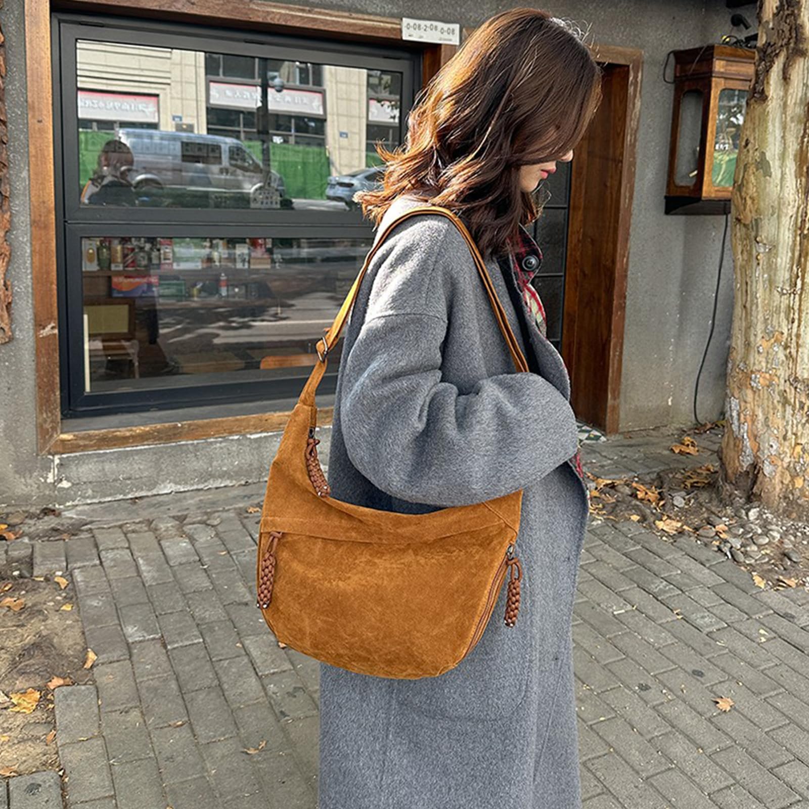 MRKU Umhängetasche aus Wildlederimitat, Retro-Stil, große Handtasche für Damen