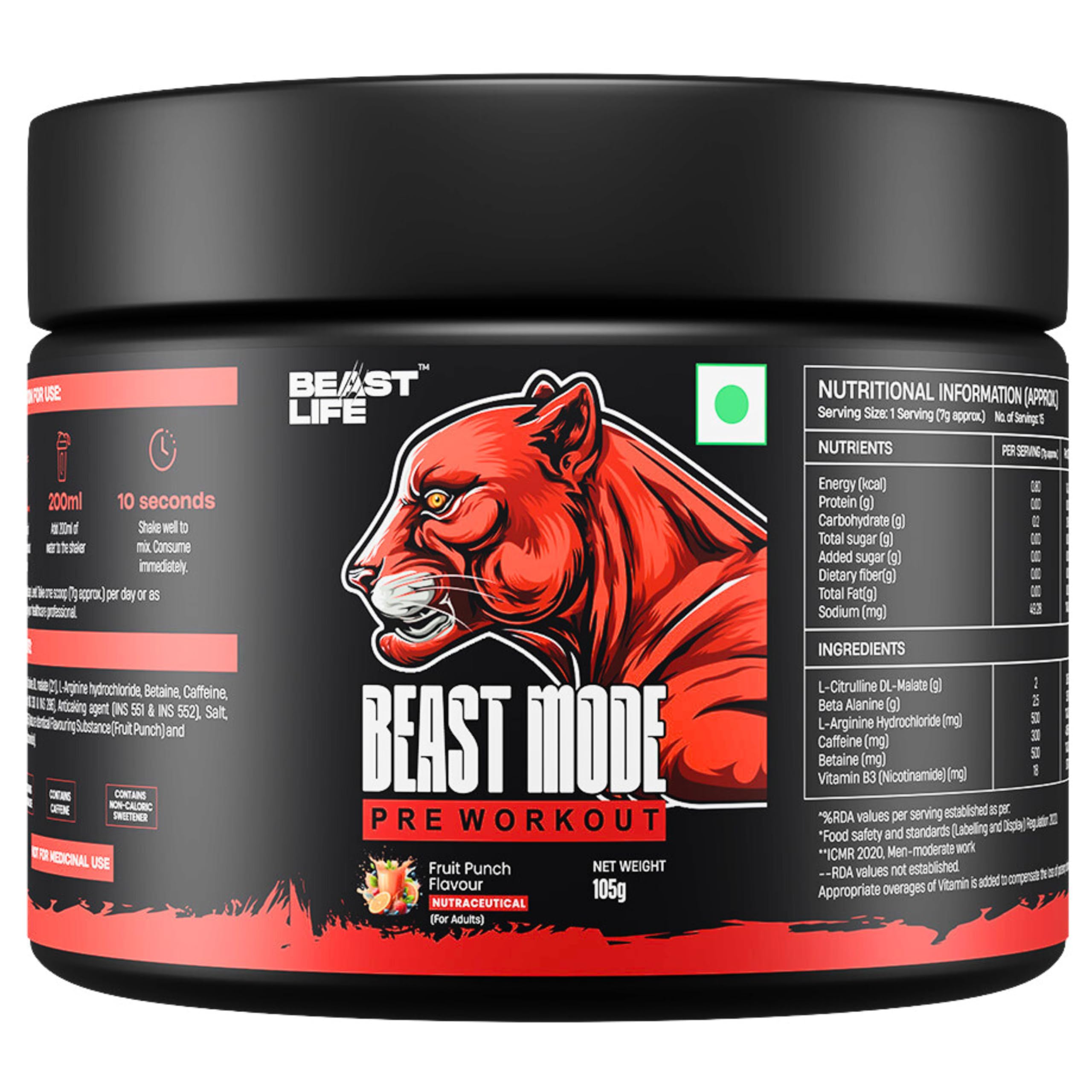 BeastLife Pre Workout Fruit Punch 105 Gram | Energy & Pump Formula for Workout Boost | Fast Acting Pre-Training Fuel | Explosive Focus & Endurance