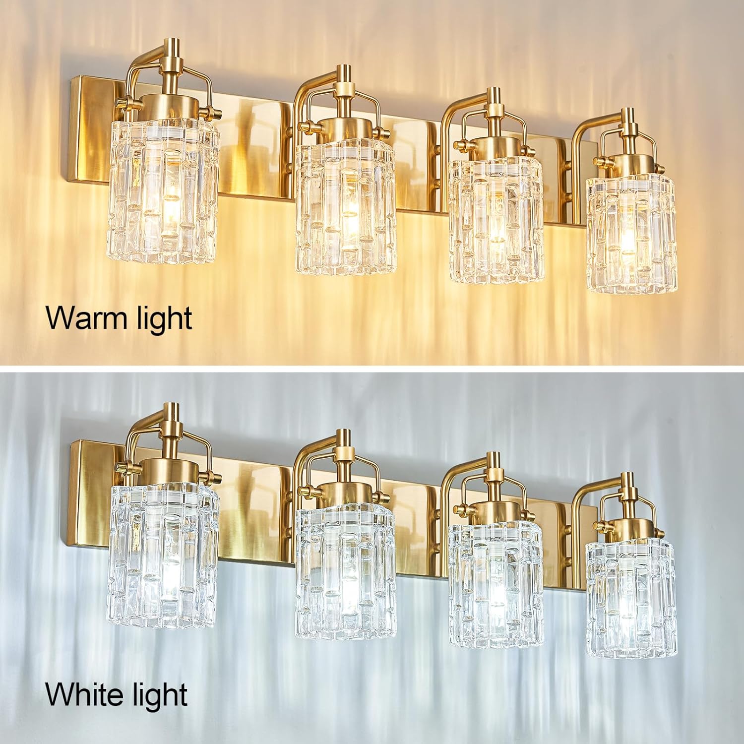 Modern 4-Light Vanity Light with Crystal Glass Shade - Gold Bathroom Light Fixture Gold 4-Light