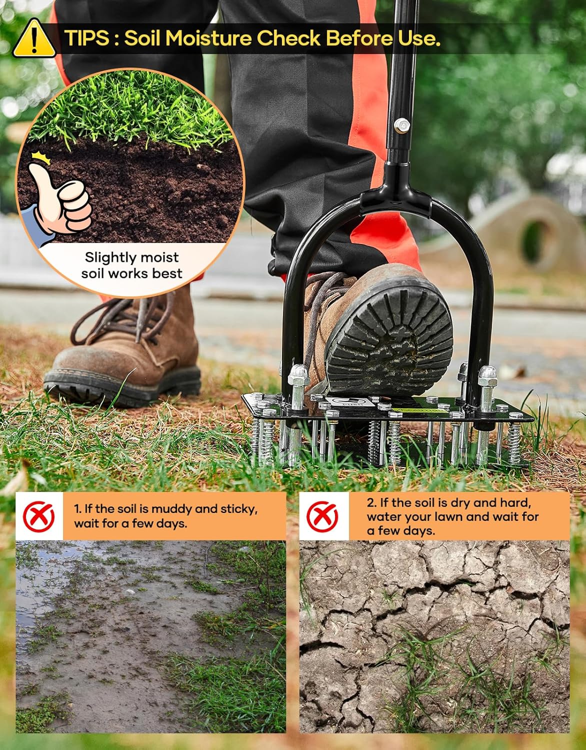 Aerator Lawn Tool, Hand Metal Spike Lawn Aerator with Rebounce Spring Base, Automatic Leaf and Dirt Cleaning, Grass Aerator for Lawn Care, Soil Loosening, Yard Aerating (Orange Handle)