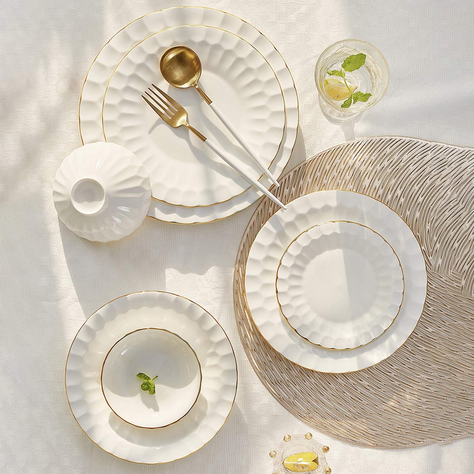Zestaw naczyń / talerzyków / misek, ceramiczne zestawy obiadowe, 60-częściowy zestaw zastawy stołowej z porcelany kostnej Phnom Penh | Porcelanowa miska na płatki śniadaniowe i zestaw talerzy