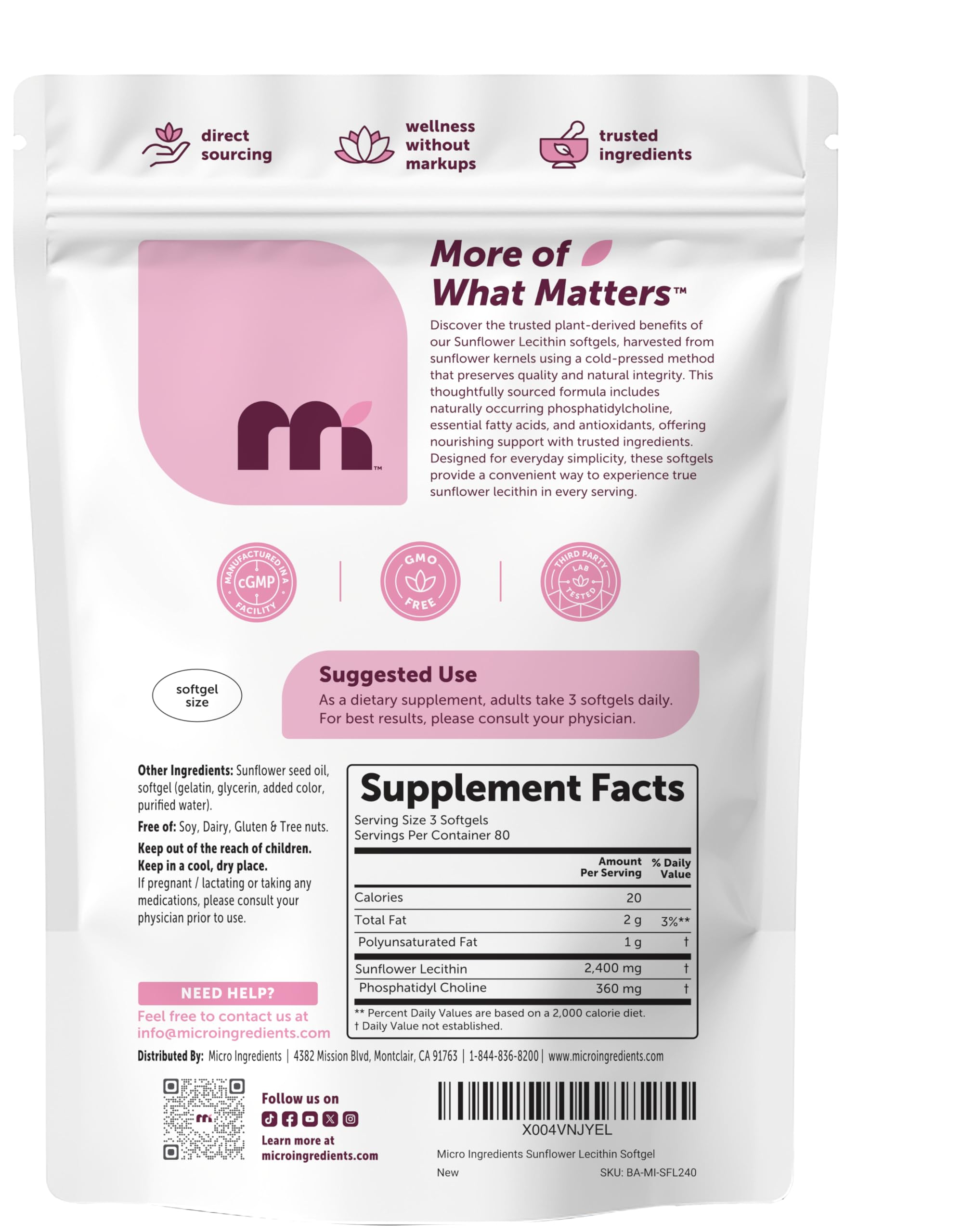 Micro Ingredients Sunflower Lecithin 2,400mg, 240 Softgels | Natural Sunflower Seed Oil Source with Phosphatidylcholine | Soy Free Lecithin Supplement | Non-GMO, No Gluten — Amazon image 2