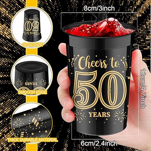 Miniatura 8 de 40 tazas de 16 onzas, 40, 50, 60, 70, cumpleaños, saludos a 40, 50, 60, 70 años, vasos de plástico dorados y negros para decoraciones de cumpleaños,