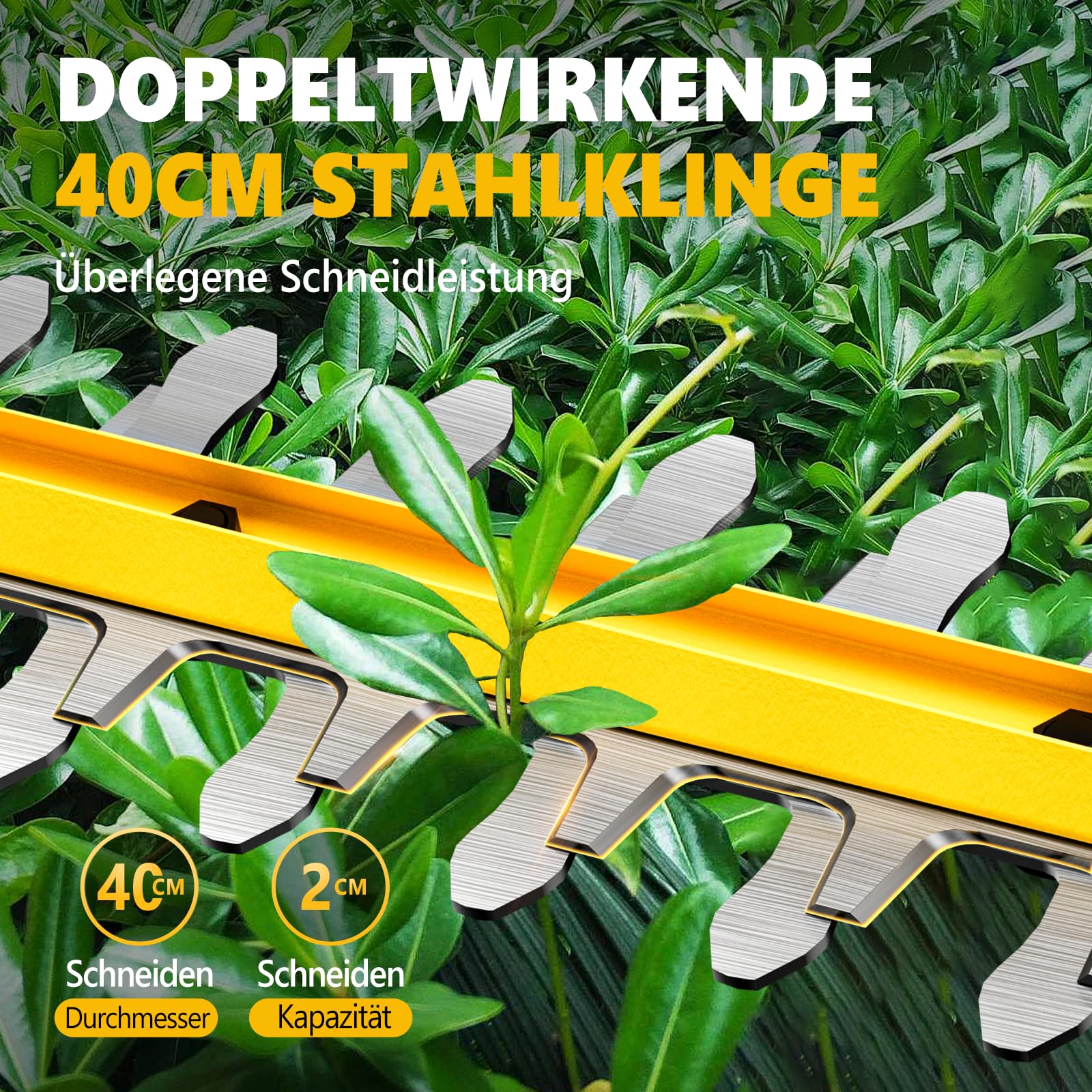 Alloyman Akku Teleskop Heckenschere 20V MAX, mit 2 × 4,0 Ah Akkus und Ladegerät, 40 cm Doppelmesser, 2,4 m Teleskopstange für Hecken und Sträucher