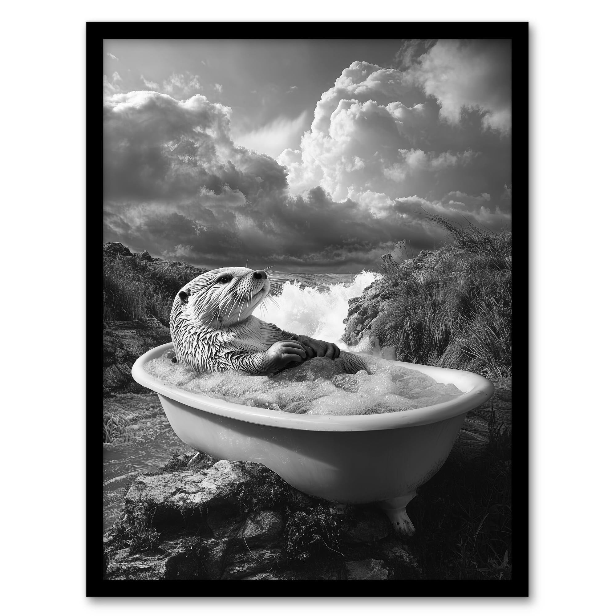 Artery8 Otter Bath Riverbank Bathtub Bubble Bath Surreal Bathroom Toilet Artwork Framed Wall Art Print 18X24 Inch