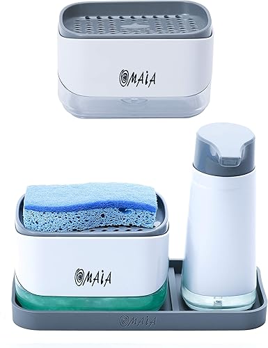 OMAIA Juego de dispensador de jabón de cocina 4 en 1 y dispensador de jabón de cocina 2 en 1 con soporte de esponja