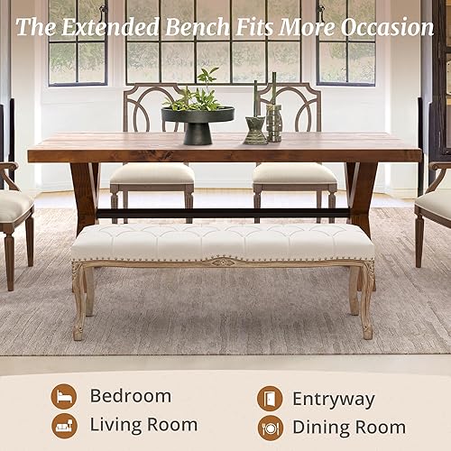 Miniatura 14 de Banco de dormitorio, banco de entrada estilo vintage francés copetudo, banco tapizado en el extremo de la cama con patas de madera envejecida, Linen