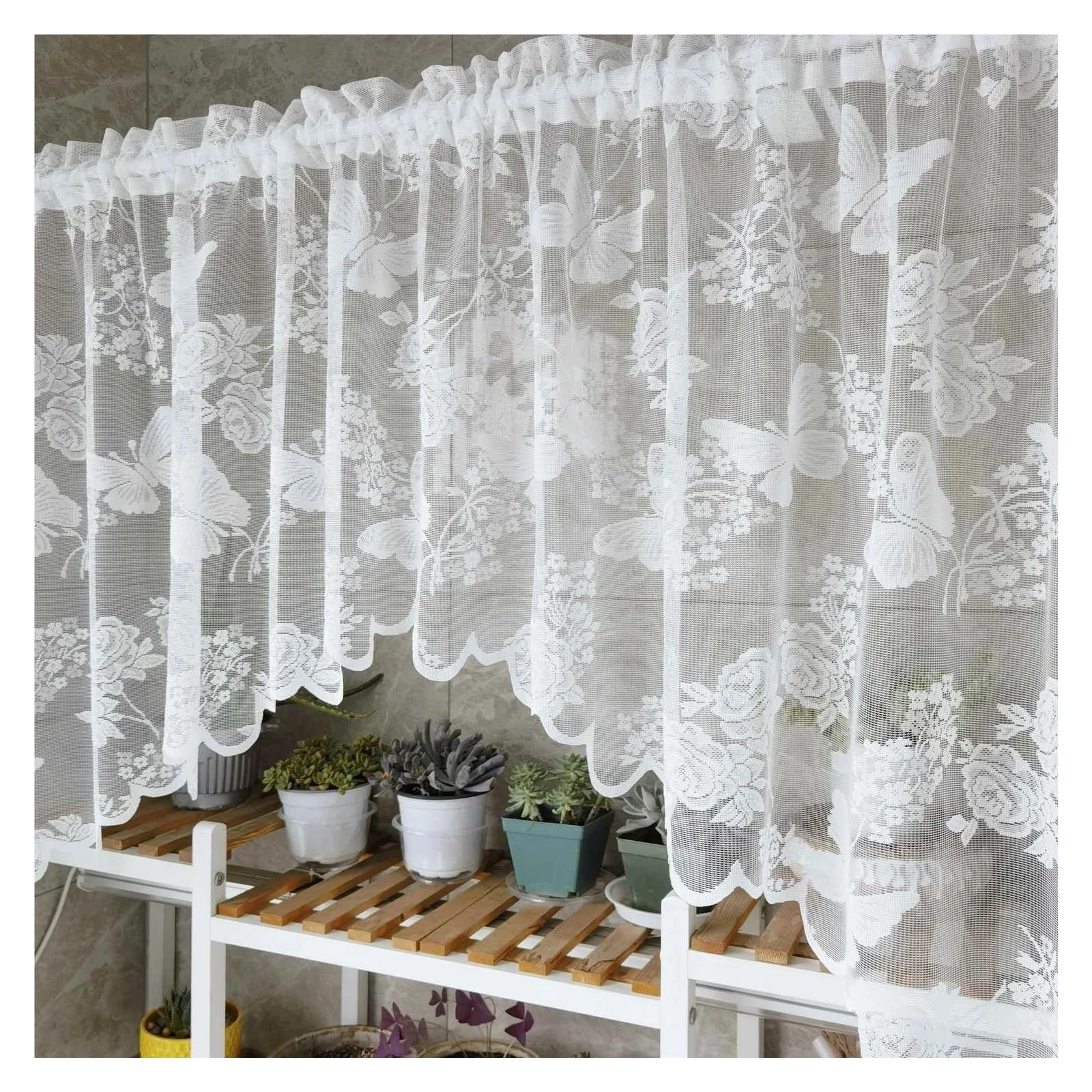 DJSKLDF Short Curtains White Embroidered Butterfly Sheer Roman Short Curtains French Romantic Kitchen Small Window Half Curtain Rod Pocket Top Drapery(ROD POCKET_1PC W150XH90CM)