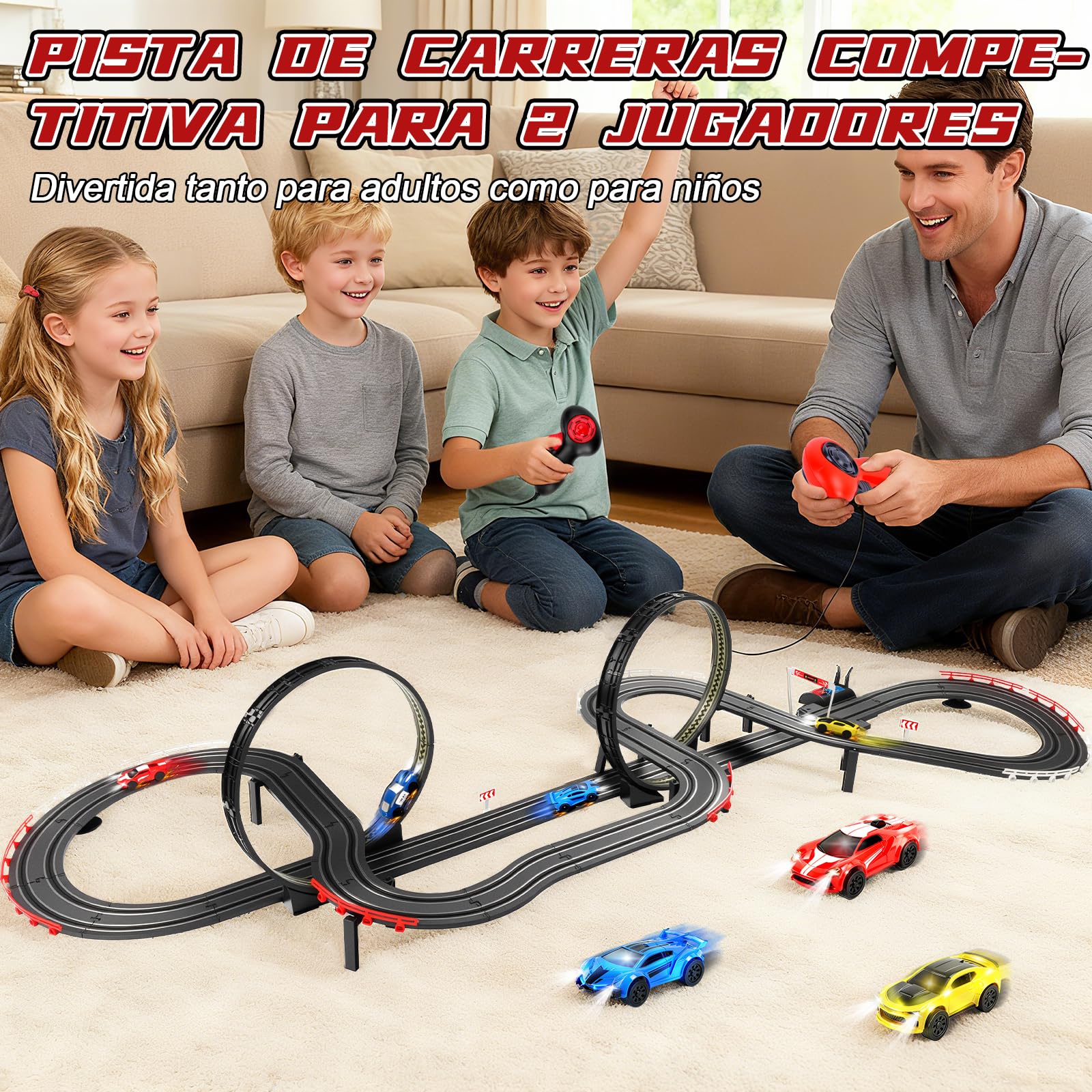 YOOHBERRYS Pista Carreras Electrica, 1:64 Pista Coches Niños Pista Autos -4 LED Coches, USB, Control Remoto, Contador Vueltas, Bucle 360°, Extralargo Circuito Coche 3+ Años Juguete Regalos (737CM)