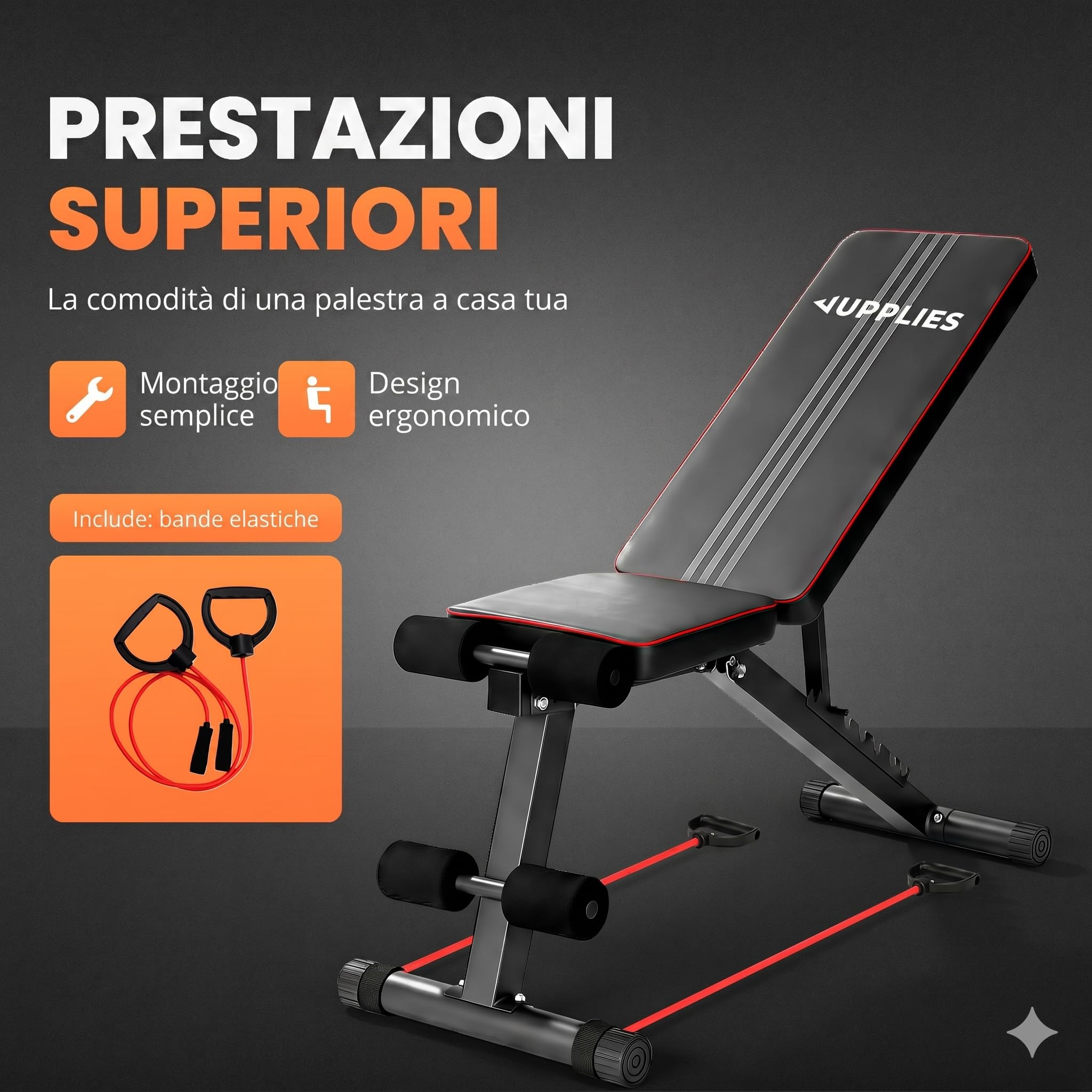 JUPPLIES Panca Pesi Pieghevole Multifunzionale 7 Posizioni | Inclinabile fino a 90° | Capacità 250kg | 2 Fasce Elastiche Incluse | Panca Palestra Casa + Tappeto Puzzle 36 Pezzi