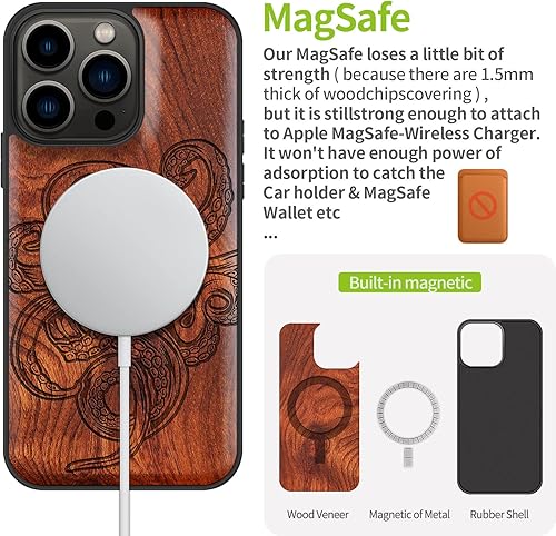 Miniatura 5 de Carveit Funda magnética de madera para iPhone 13 Pro madera natural y TPU suave negro funda protectora de madera única y elegante a prueba de golpes