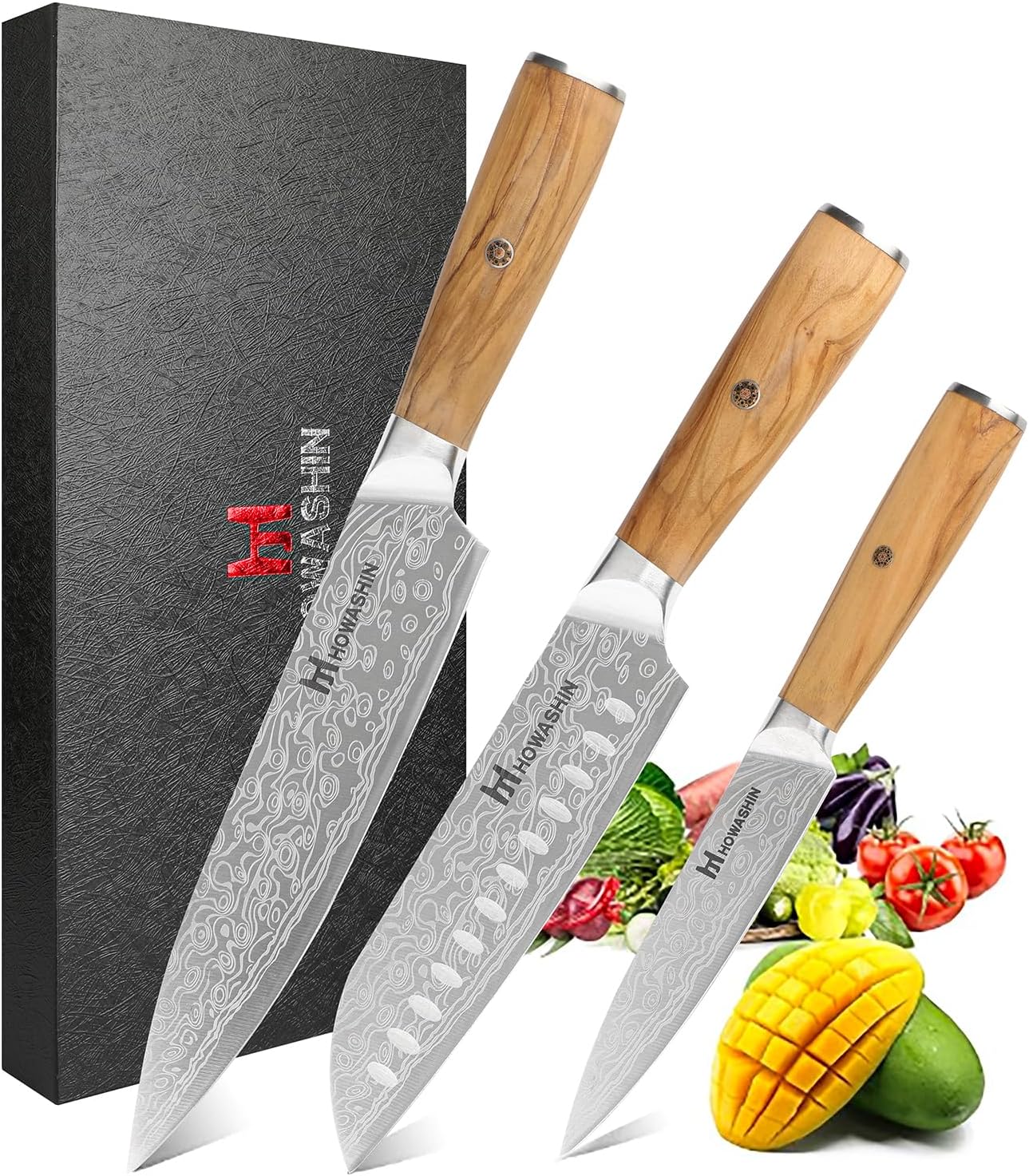 3 Piece Professional Chef Knife Set - Ultra Sharp High Carbon Stainless Steel Japanese Knives with Olive Wood Handle,Gift Box for Home & Restaurant