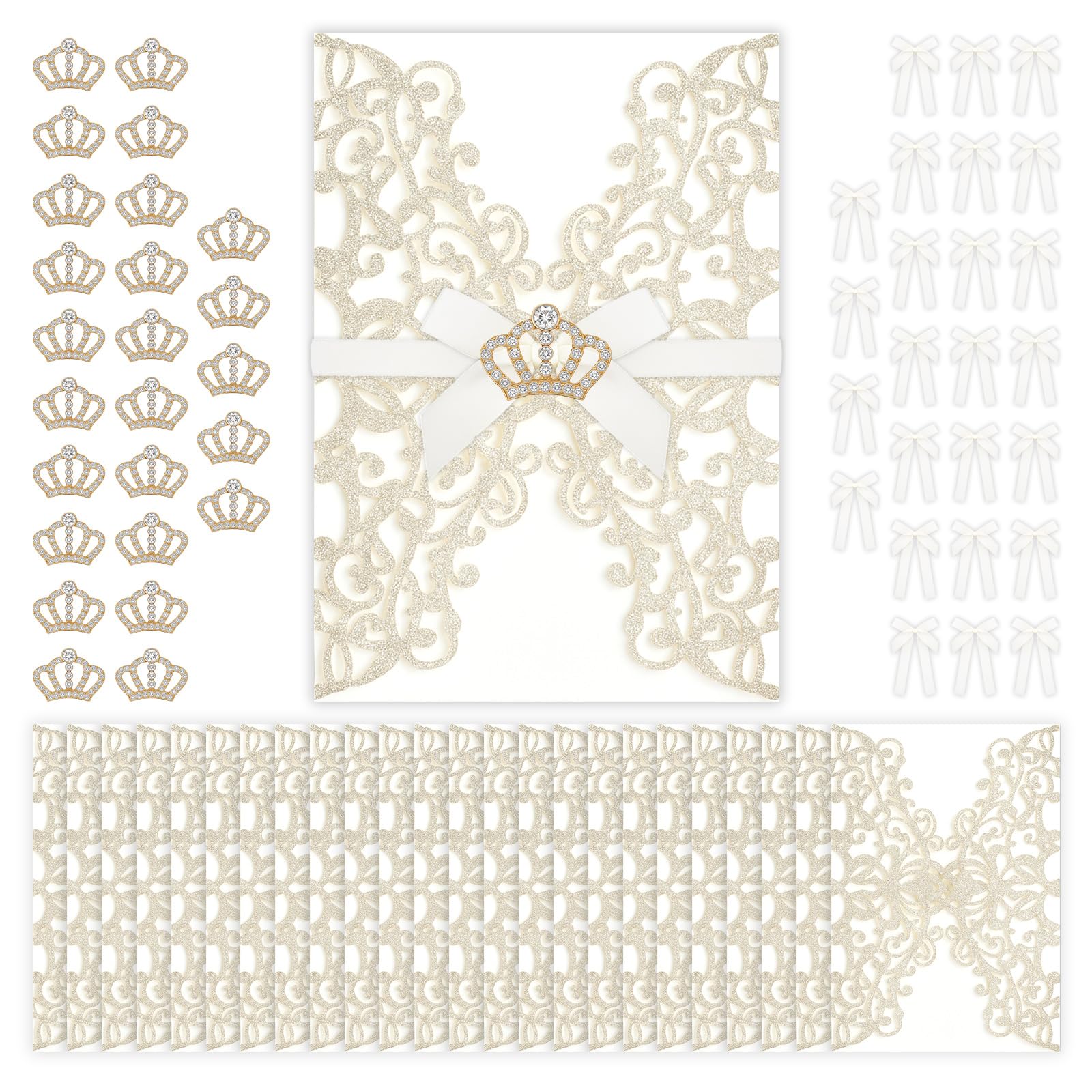 25 Set 5x7 Inch Invitation Sleeves Gold Wedding Laser Cut Invitation Sleeves with Mini Crowns and Butterfly Ribbons Personalized Glitter Cards for Valentines Wedding Bridal Shower Party