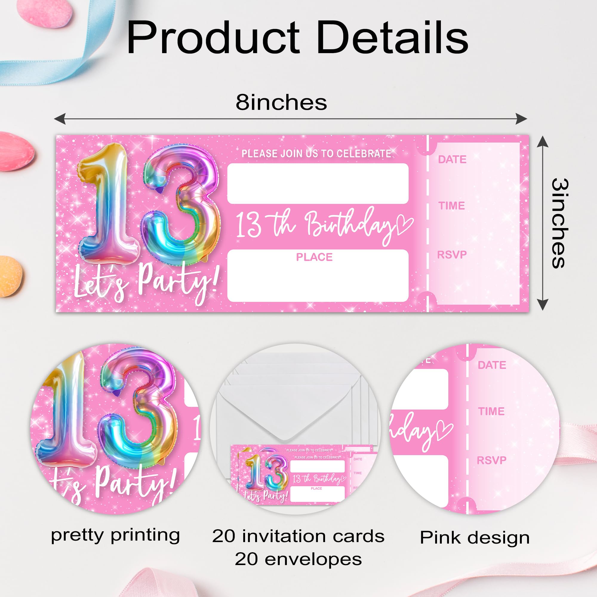 Eronm Invitaciones rosas de cumpleaños número 13, invitaciones de cumpleaños de boletos de 3 x 8 pulgadas, 20 tarjetas de invitación de doble cara con sobres, recuerdos de fiesta y suministros, globo