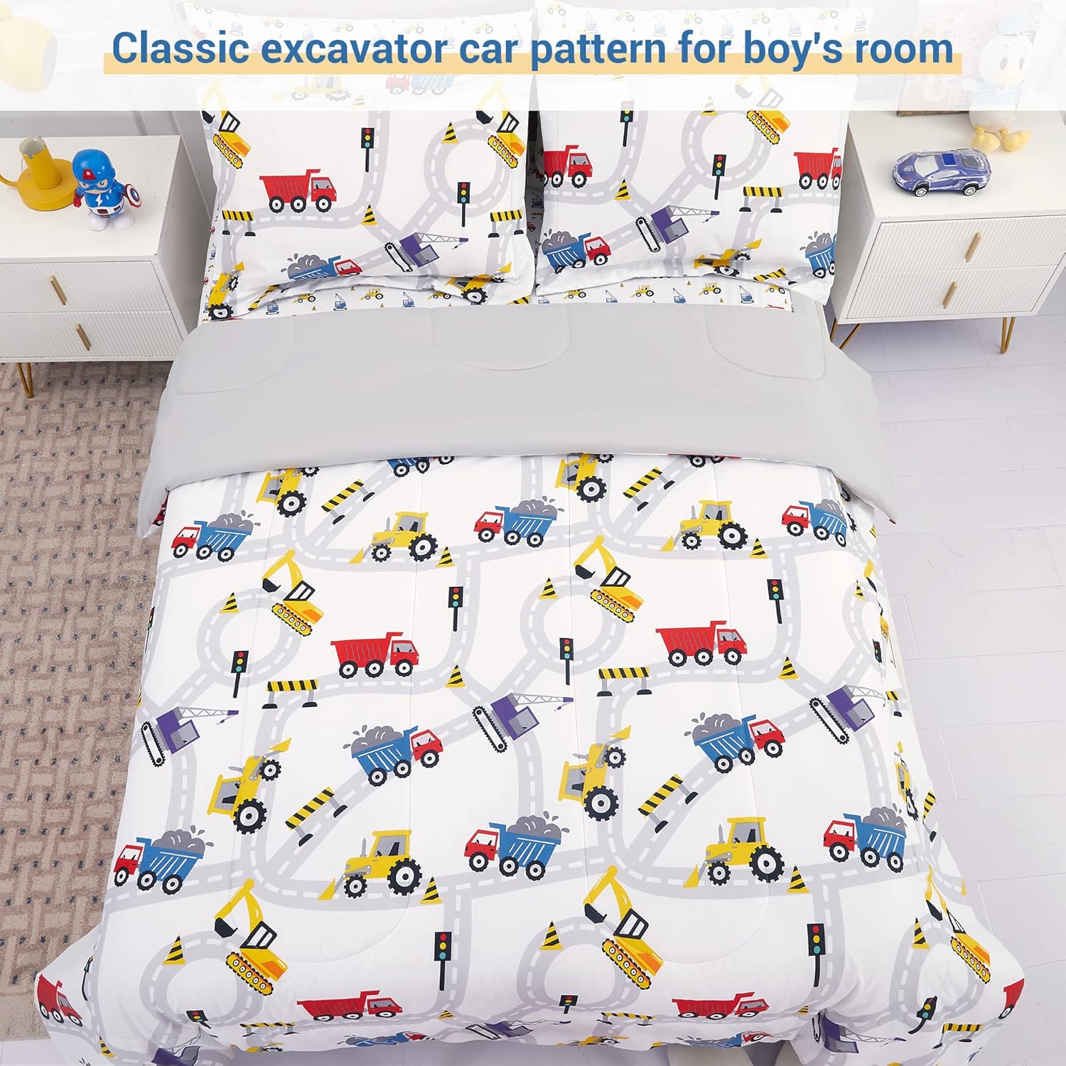 Viviland Kids Twin Bedding Sets for Boys, Girls Soft Twin Comforter Set with Sheets, 5 Pieces Microfiber Bed in a Bag, White Car Excavator - Image 5