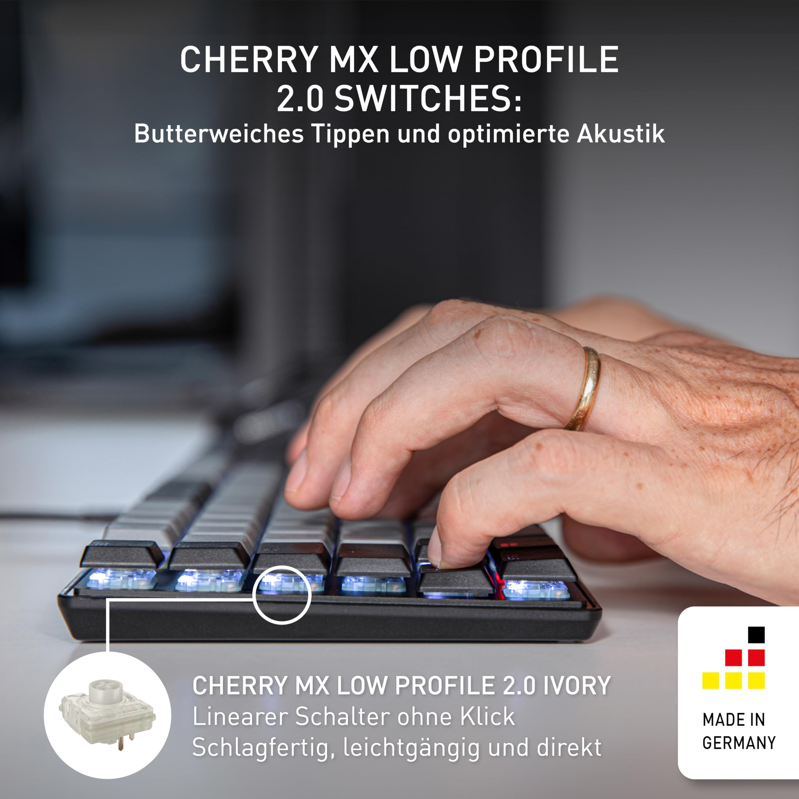 CHERRY KC 500 MX LP, Mechanische Low-Profile-Tastatur, Deutsches Layout (QWERTZ), Kabelgebunden (USB-A), Weiße Beleuchtung, MX LP 2.0 Ivory Switches, Schwarz
