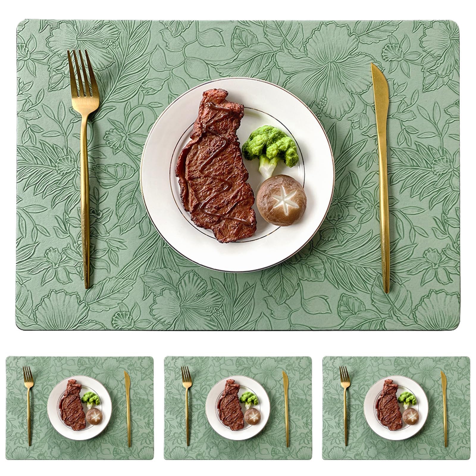 HUANYO Placemats Set of 4, Non-Slip Heat Resistant Washable Placemats, Waterproof Table Mats for Dining Table, Kitchen, Restaurant, Hotel, 43x30 cm (Green 4-piece set,)