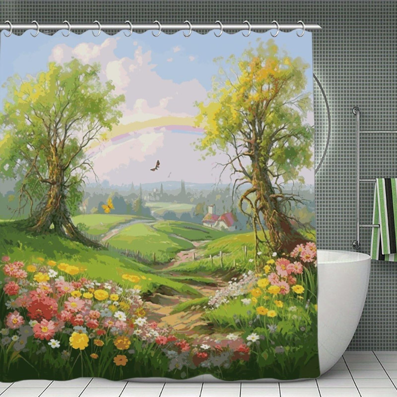 FekiLoot Spring Landscape Shower Curtain Minimalist Thick Bathroom Curtain Washable Modern Bathroom Shower Curtain Heavy Duty Waterproof Cloth Bath Curtain with Hooks 70.8"x70.8"