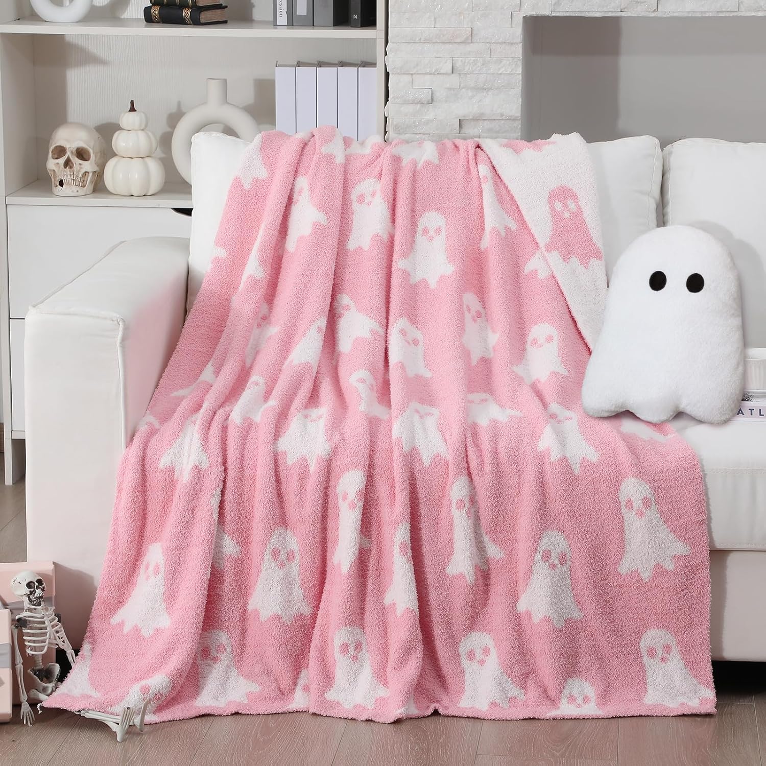 Halloween Throw Blankets and Pillow Set Include Ghost Spooky Pink and White Double Sided Flannel Blanket 50 x 60 Inch and Plush Throw Pillows Cushion for Couch Sofa Bed Home Decorations Pink and White Ghost