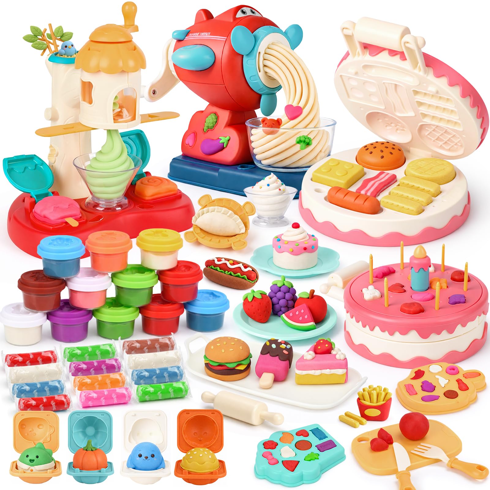 Dreamon 3 in 1 Play Color Dough Set - Ice Cream Noodle Hamburger Maker Machine, Dough Tools Accessories Set, Play Kitchen Accessories, Art Crafts Food Toys for Kids 3 4 5 Years Old