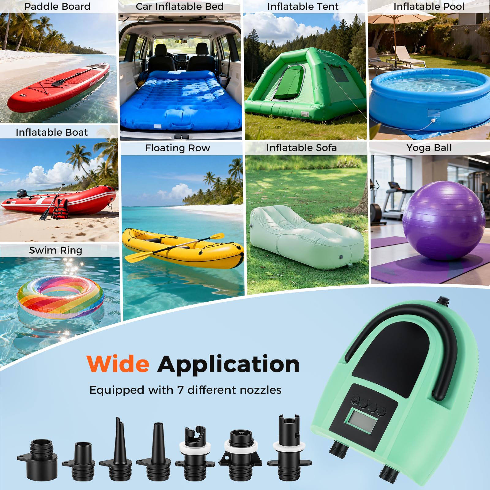 Pompa Elettrica SUP 12V, Gonfiatore a 2 Stadi 350L/min con Arresto Automatico, 7 Ugelli, 0,5-20 PSI, Portatile per Gonfiare/Sgonfiare Paddle Board, Gommoni, Materassi Aria, Piscine & Campeggio
