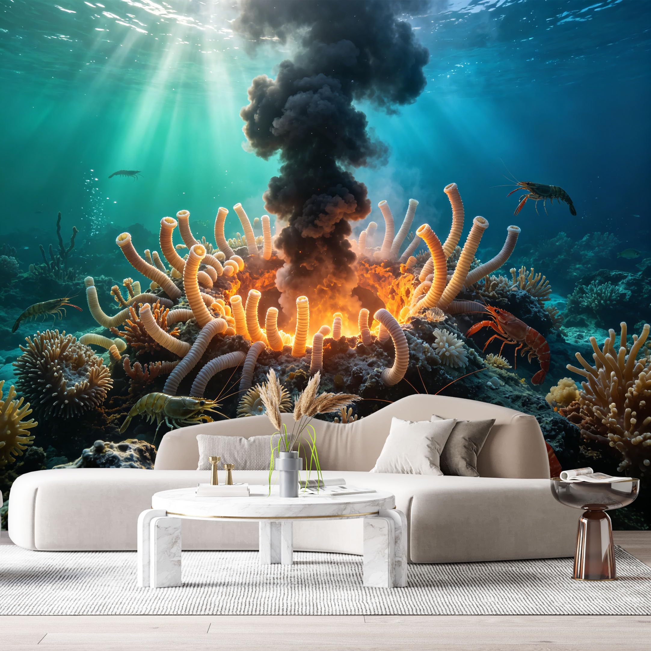Custom Size Wall Murals Deep Sea Ocean Marine Volcanic Coral Reef Shrimp Watercolor SelfAdhesive Wall Fabric Removable Large Wallpaper for Photo Living Room
