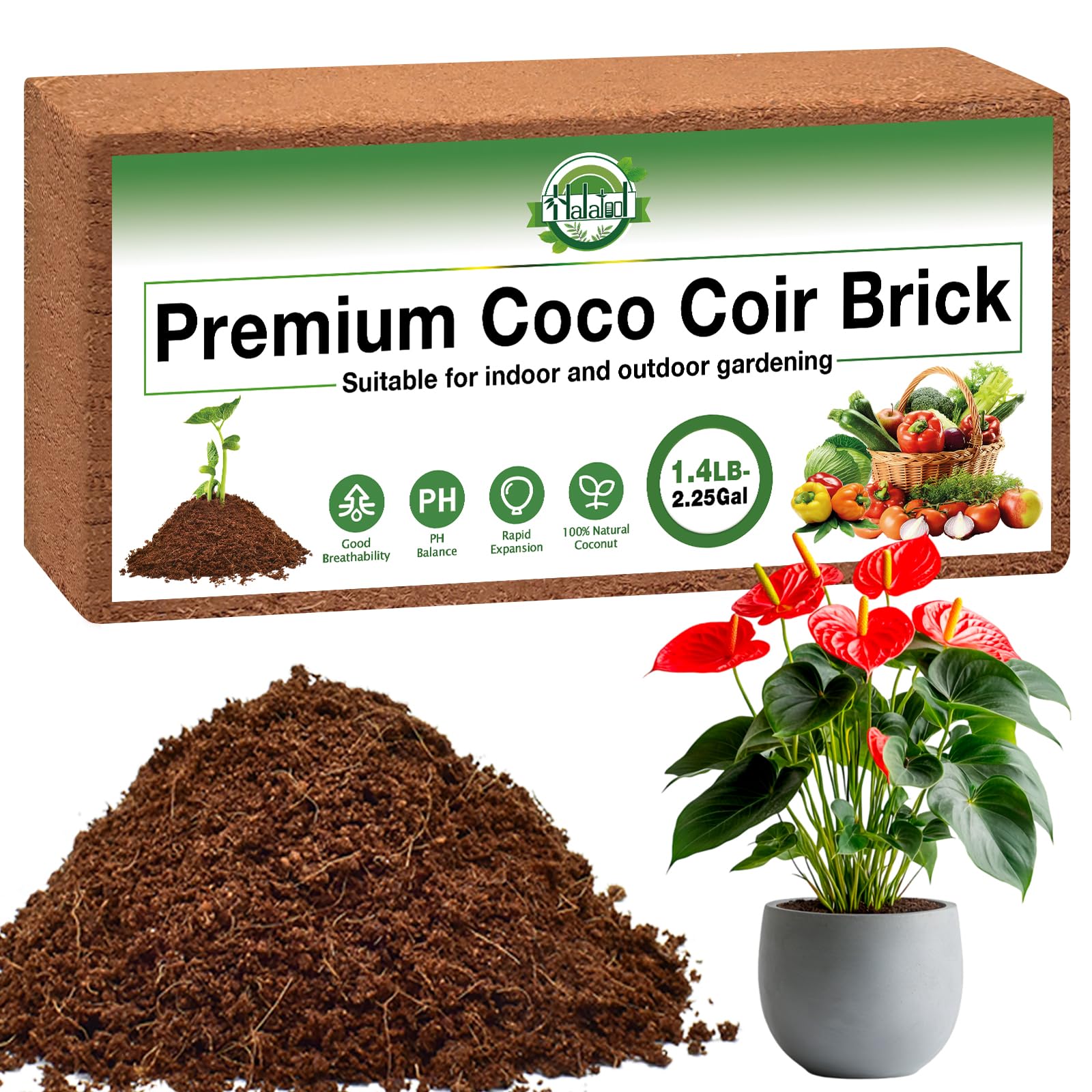 Halatool 1 Pcs Organic Coco Coir for Plants, Compressed Coco Coir Brick Coconut Fiber Substrate with Low EC & pH Balance, High Expansion Coco Peat Seed Starter Soil for Planting Gardening
