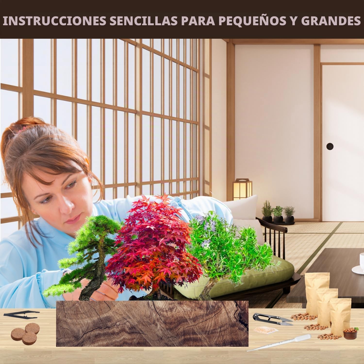 NOPALIA® Kit Bonsái 3 Especies Bio Listo para Crecer con Herramientas Pro (Pinza, Tijeras, Pipeta), Macetas, Tierra y Base Innovadora - Garantía 95% Germinación - Idea de Regalo Zen Navidad Fabricado