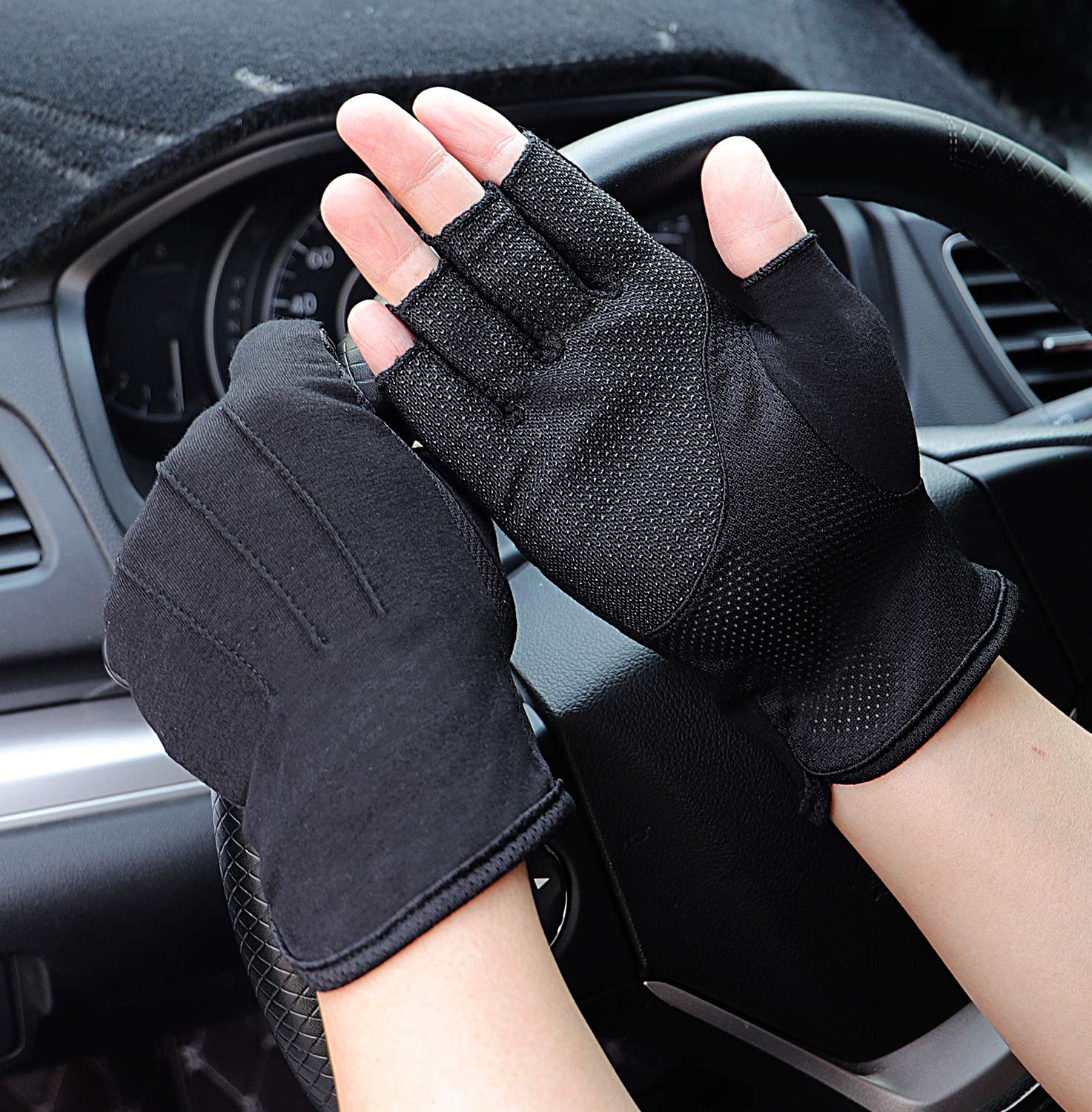 Bememo Guanti di Protezione UV Unisex Senza Dita - Lunghezza al Polso, Colori Vivaci, per Guida