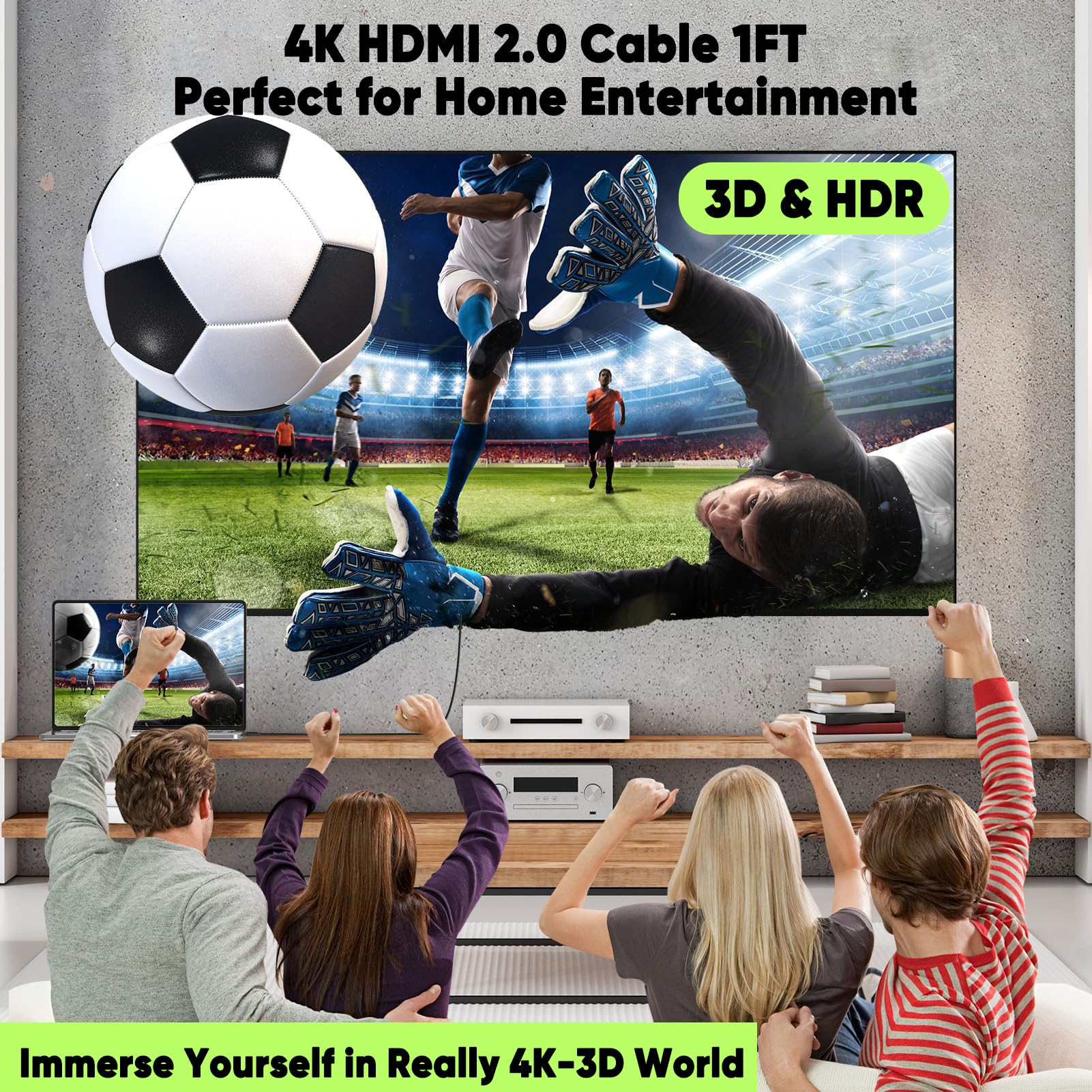Cavo HDMI corto da 0,5 m (15,2 cm), confezione da 2 pezzi, cavo sottile da HDMI a HDMI 2.0 4K flessibile, 4K a 60 Hz, 2K a 165/144 Hz, HDCP 2.2, HDR, ARC e CL3, per HDTV, Roku, fotocamera, monitor