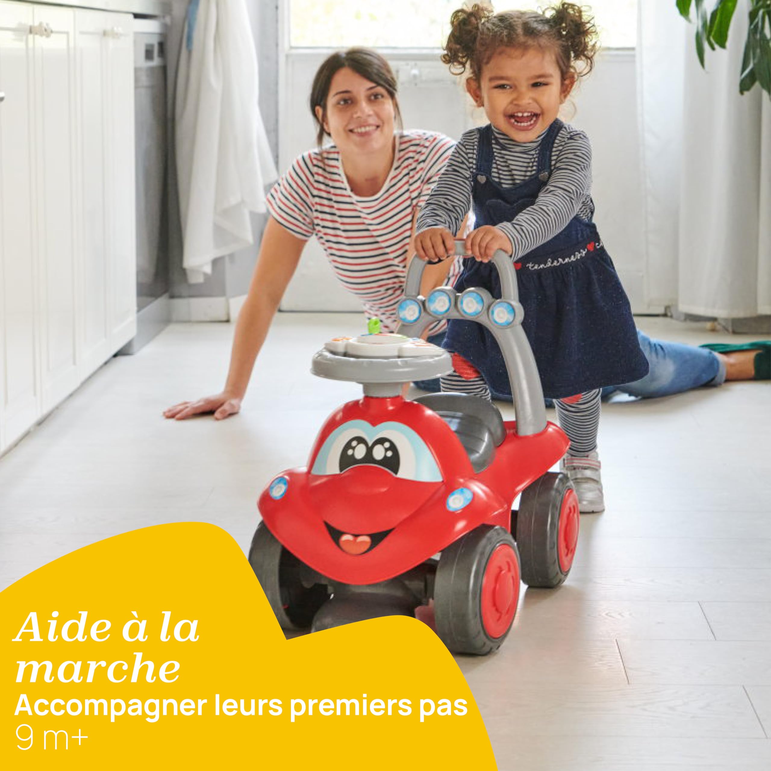 Chicco Porteur Billy 2en1 ECO+,premiers pas,trotteur et porteur 2en1,assemblage facile,guidon ergonomique,roues larges,avec sons et lumières de conduite,plastique recyclé,enfants de 12 à 36 mois,jaune