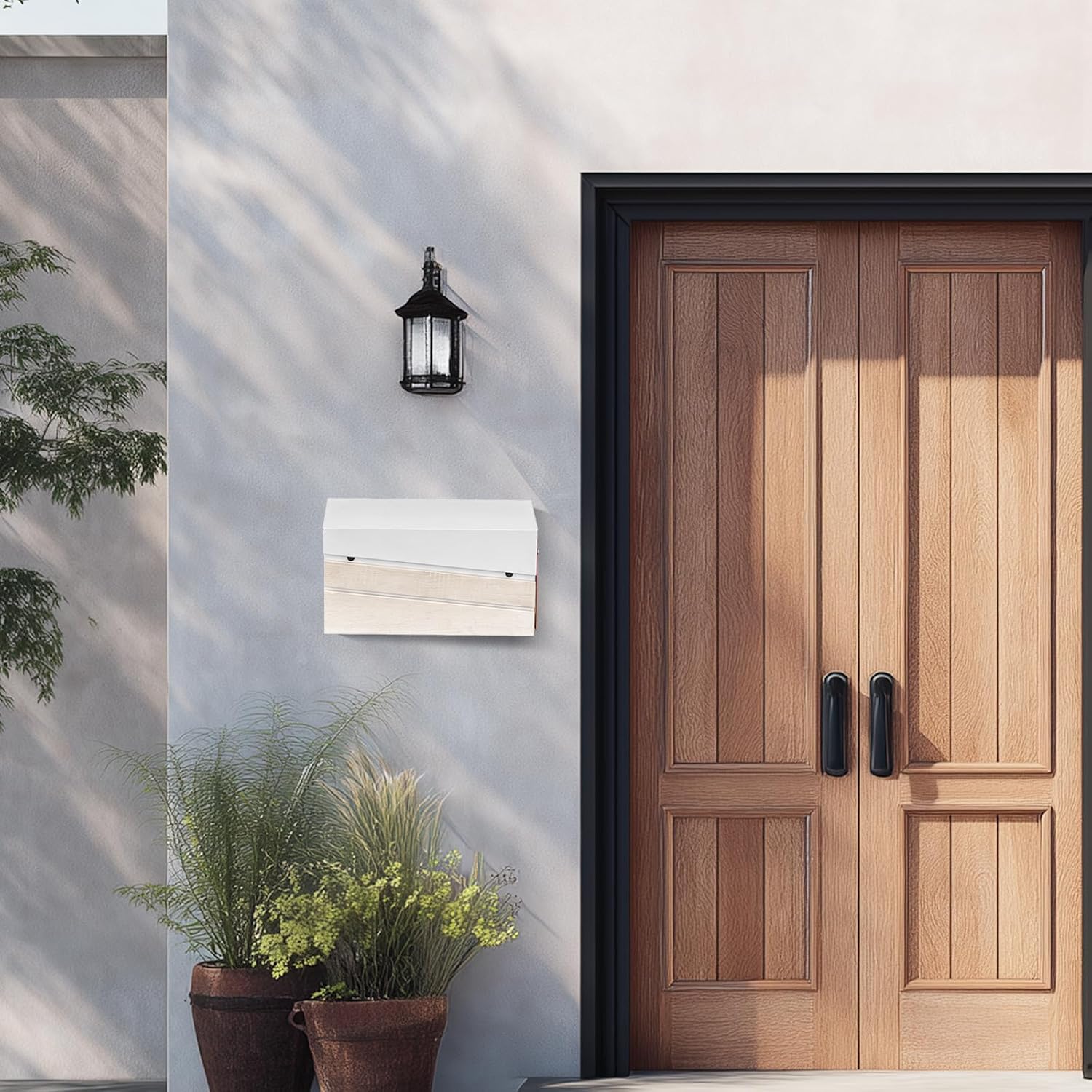 Wall Mount Mailboxes, Modern Mailbox with White Walnut Wood Panel, Large Capacity Galvanized Steel Post Box with Flag (No Keys Locking)