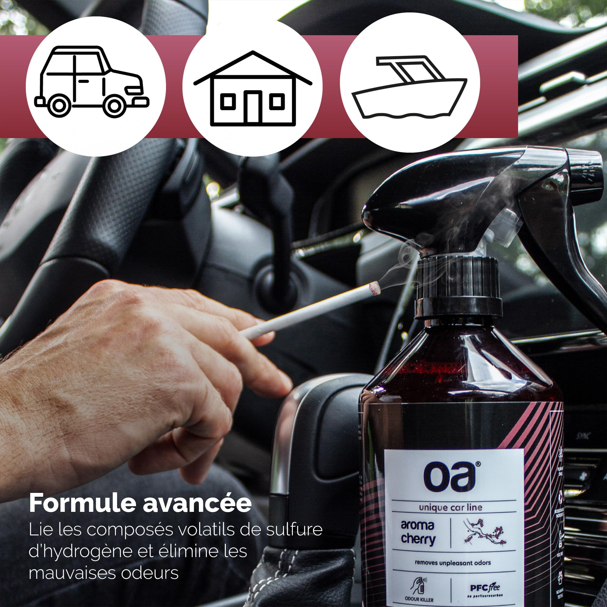OA Car Aroma Cherry Destructeur d'Odeur Élimine les Mauvaises Odeurs Voiture Maison En Spray 500 ml