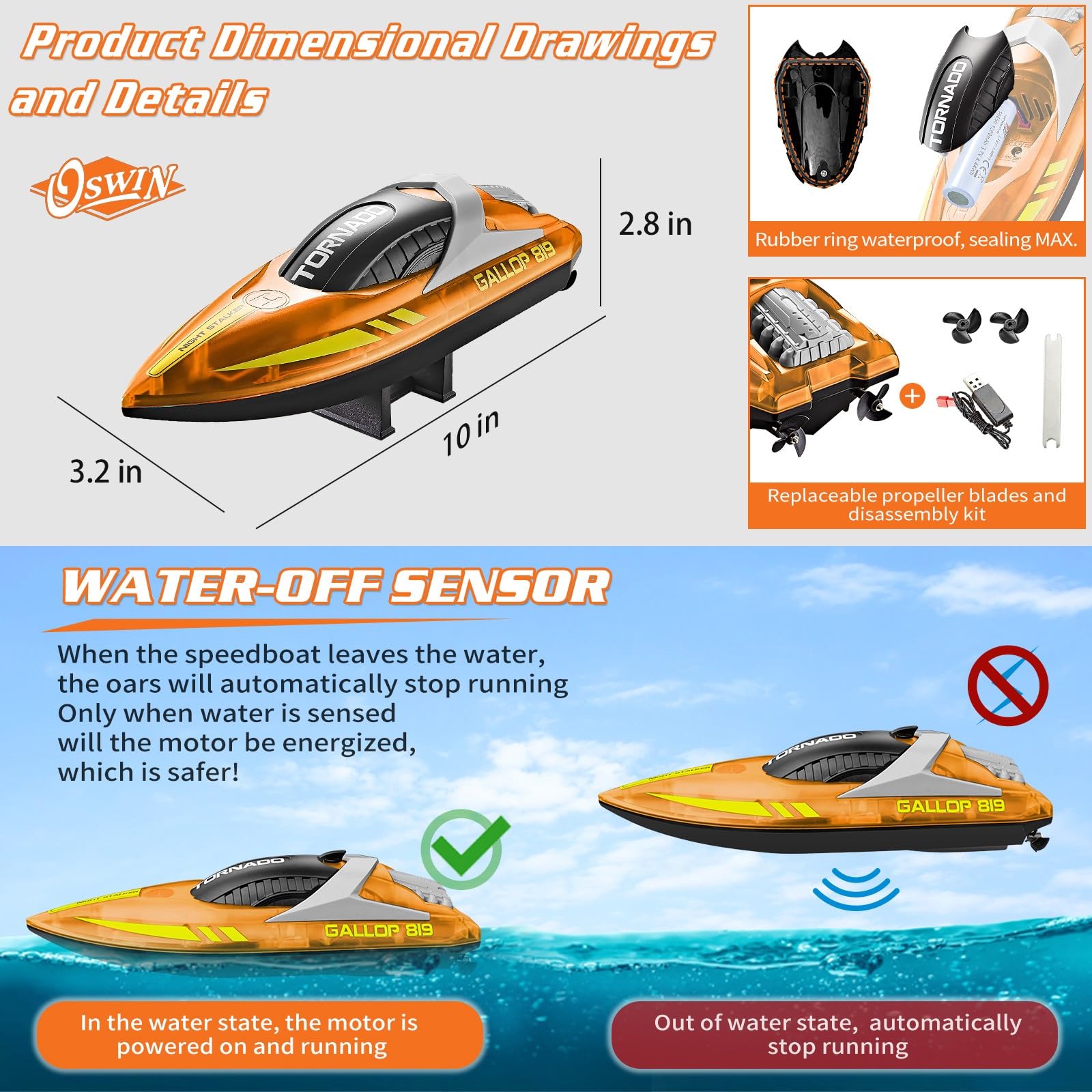 OSWIN Remote Control Boat 15+ MPH Fast RC Boat for Pool & Lake, HJ819 Remote Control Boat with LED Lights RC Speed Boat 2.4Ghz Race Boats for Adults & Kid, Pool Toys(Orange)