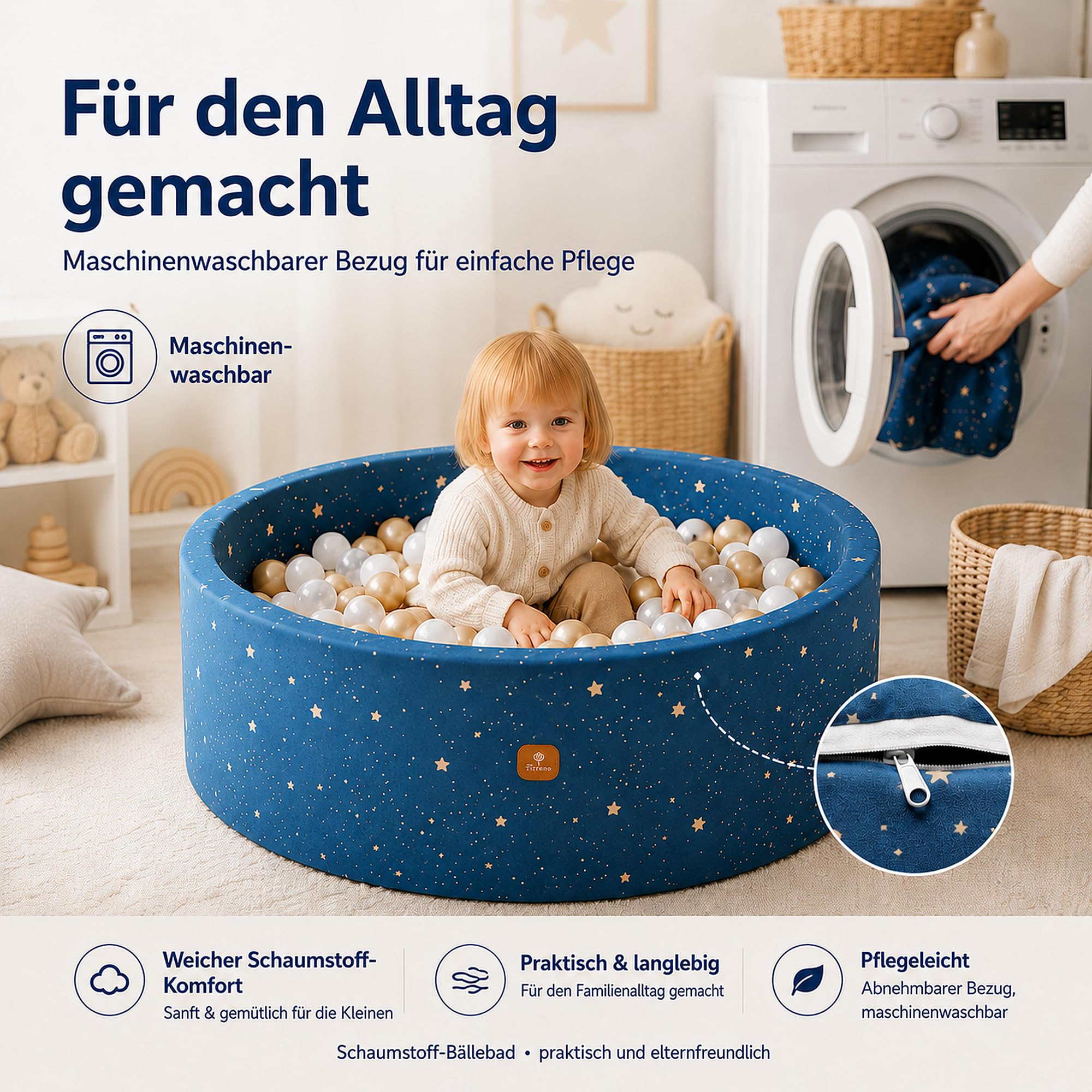 Bällebad 90X30cm/200 Bälle ∅ 7Cm Bällepool Für Babys Kinder Rund,Superweicher Samt,Abnehmbar und waschbar,Nachthimmel:Weiß/Transparent/Gold