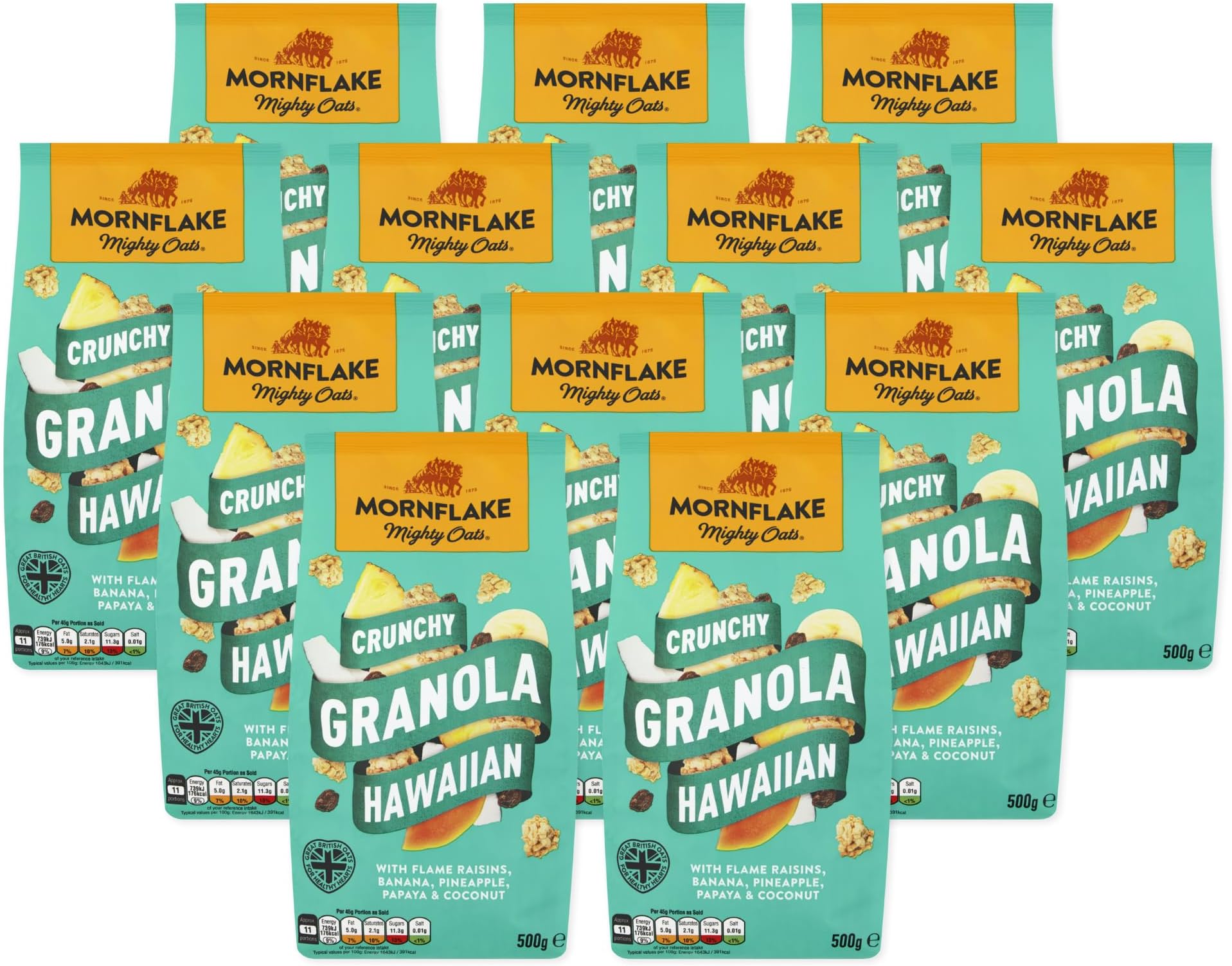 Mornflake - Crunchy Hawaiian Granola. 12x 500g Sachets Bags. High Fibre Granola Cereal Multipack, Breakfast Granola with Raisins, Banana, Pineapple & Coconut, All Natural Ingredients (Pack of 12)