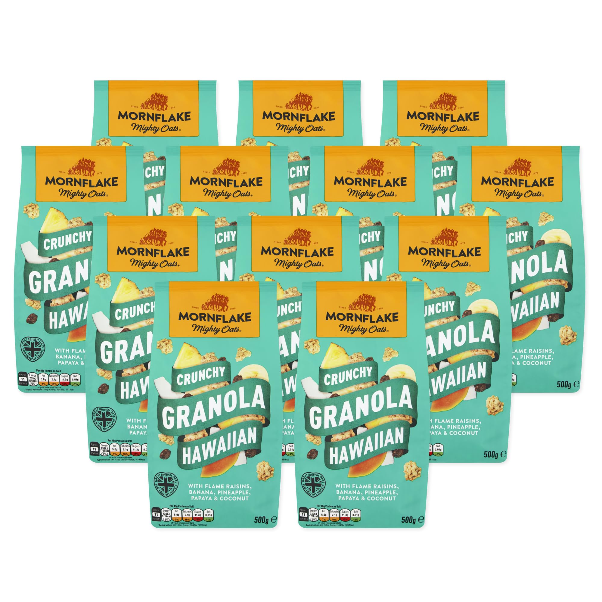 Mornflake - Crunchy Hawaiian Granola. 12x 500g Sachets Bags. High Fibre Granola Cereal Multipack, Breakfast Granola with Raisins, Banana, Pineapple & Coconut, All Natural Ingredients (Pack of 12)