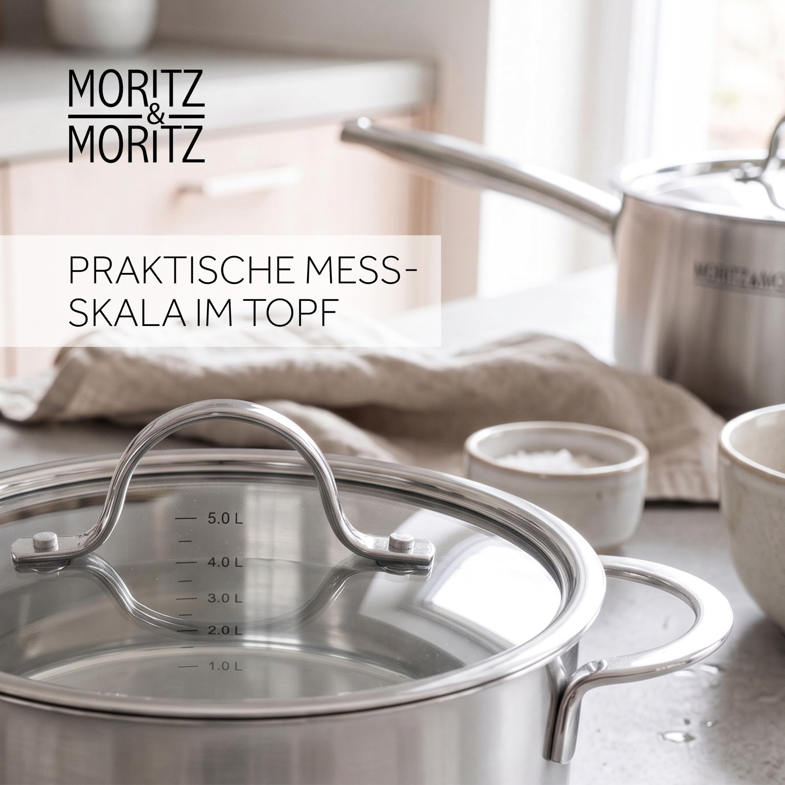 Moritz & Moritz Kochtopf Set 5-teilig inkl. 4 Glasdeckel - Edelstahl Topf Set Induktion, Ceranfeld & alle Herdarten - Töpfe mit Deckel & Stielkasserolle