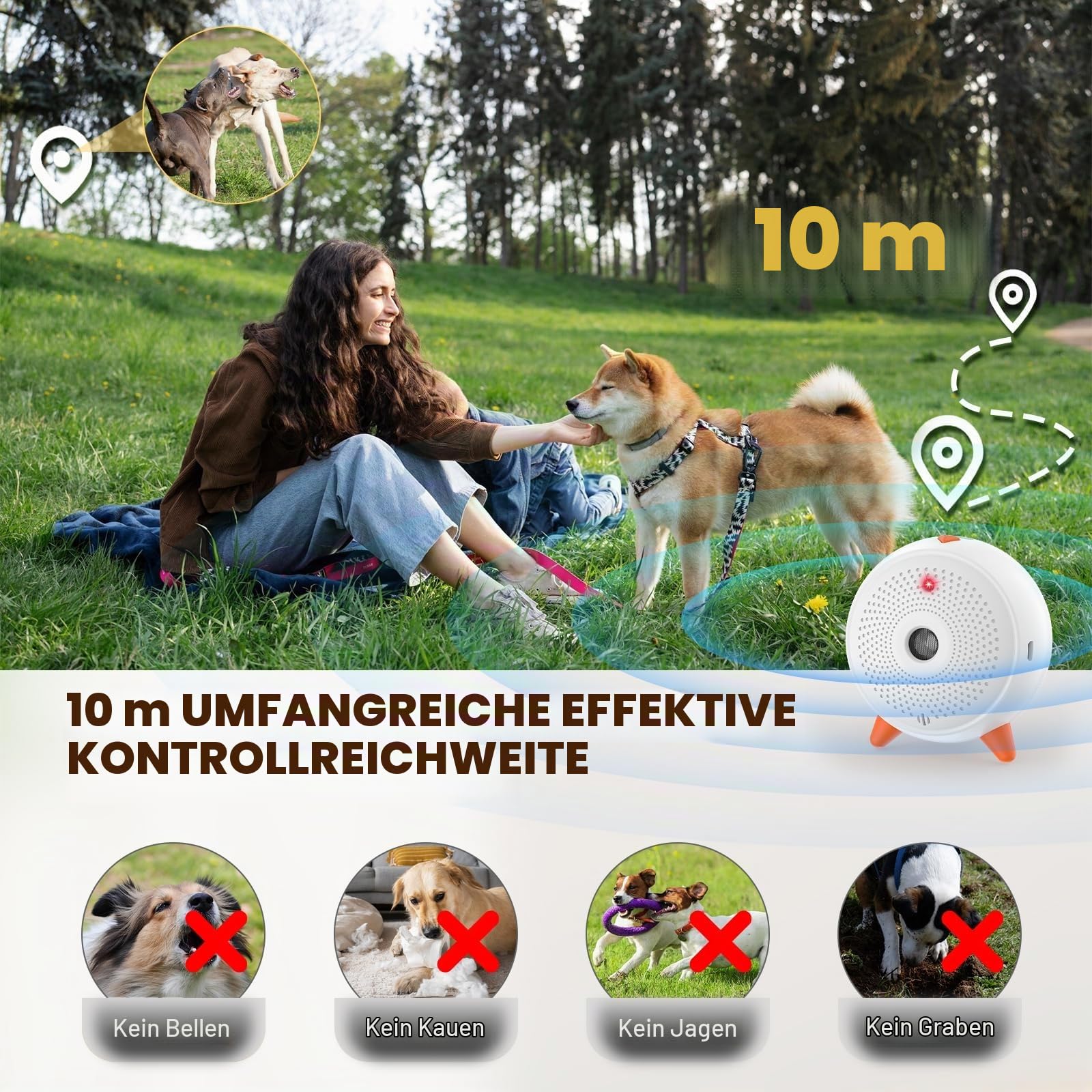 Anti Bellen Gerät, Ultraschall Anti-Bell-Gerät mit 33ft, Automatisch Antibell für Hunde, Wiederaufladbares& Wasserdichtes Hund Ultraschall Anti Bellgerät für Große KleineHunde Innen Außenbereich