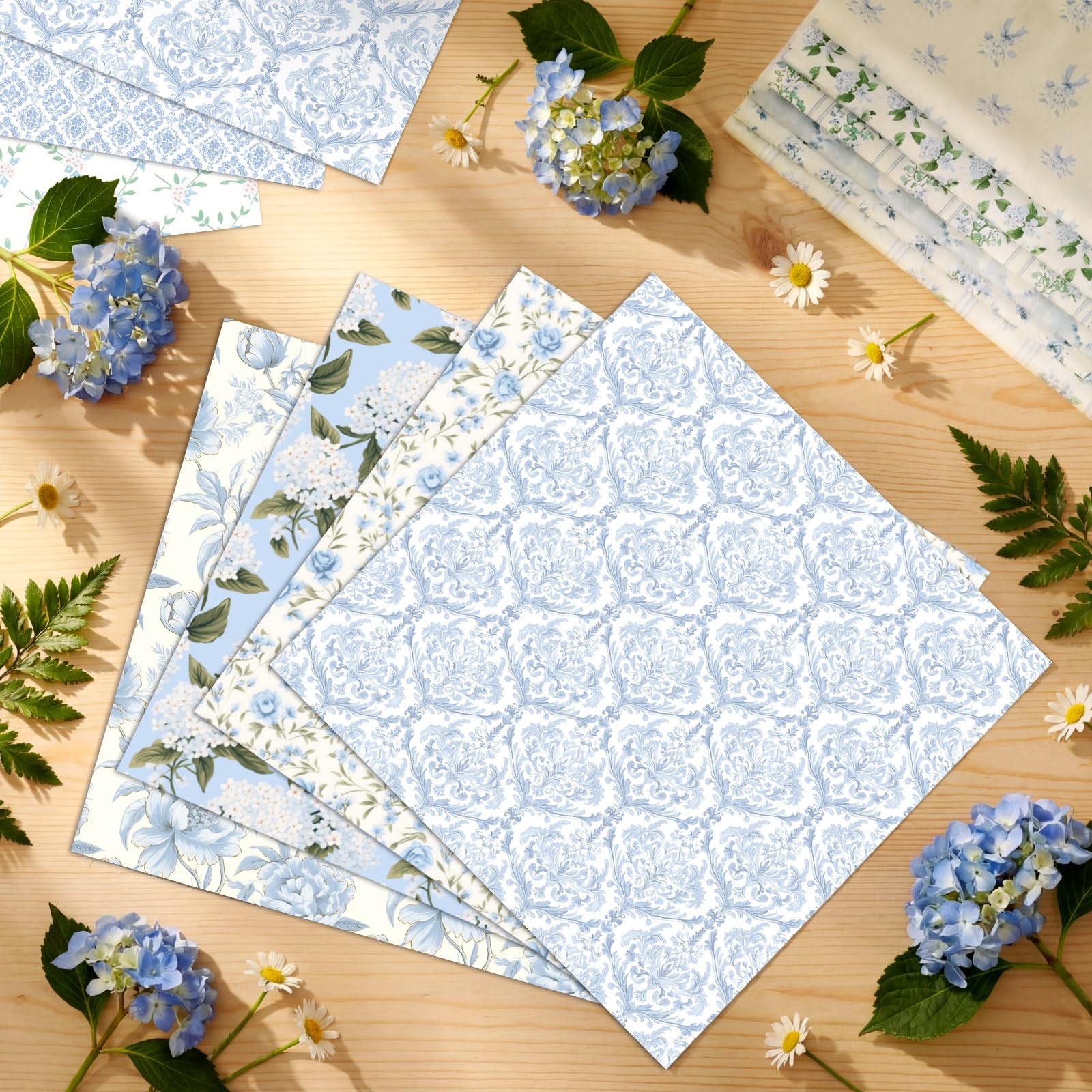Tudomro 10 Pcs Blue Floral Fabric Squares Bundles 20 x 20 Inch Cotton Hydrangea Quilting Fabric Blue Spring Flower Fat Quarters Printed Cloth Quilt Patchwork Material for Sewing DIY Craft Supplie - 5