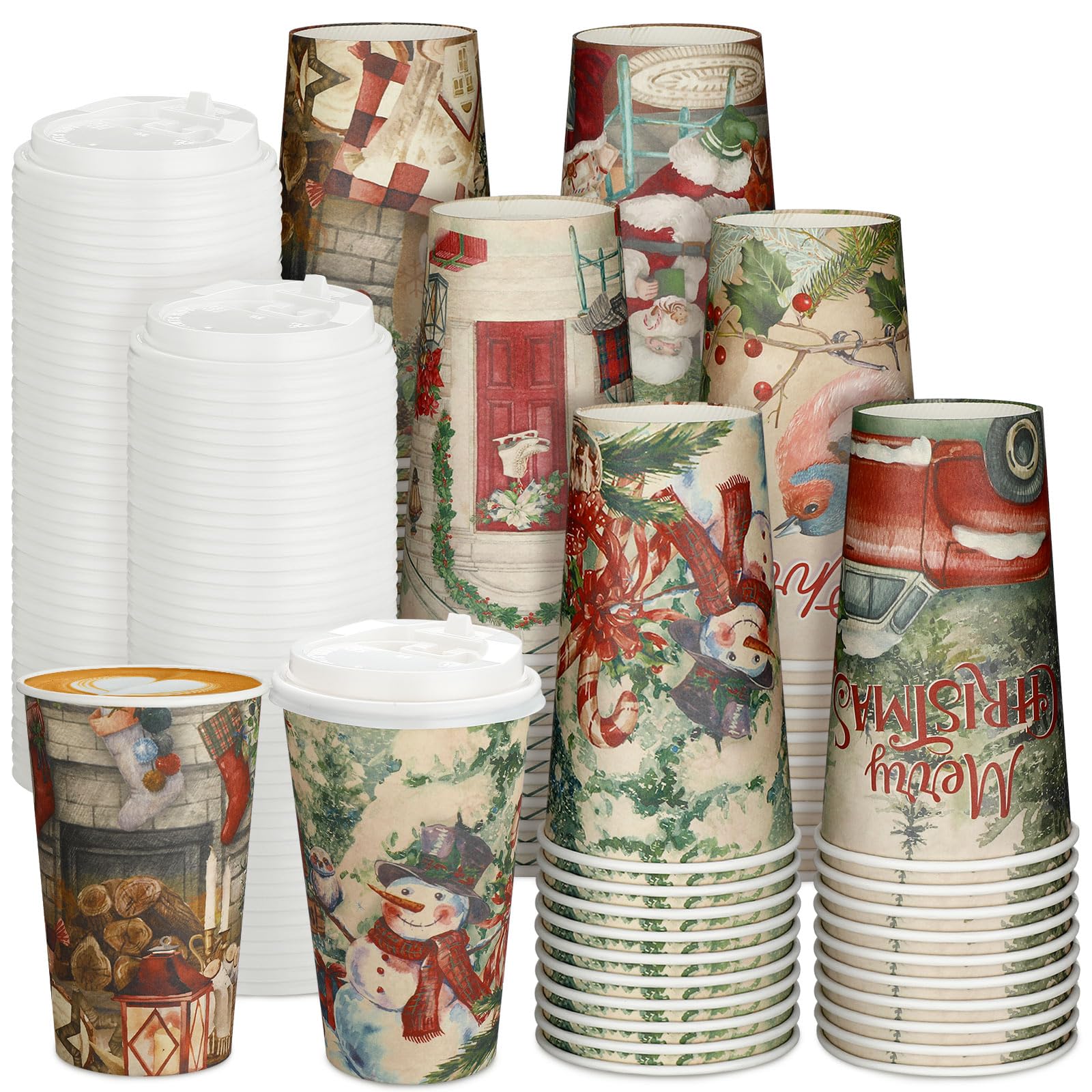 Cholemy 60 Pcs Christmas Coffee Paper Cups with Lids 16 oz Disposable Paper Cups for Xmas Holiday Table Decorations Hot Chocolate Tea Beverage Party Supplies, 6 Styles