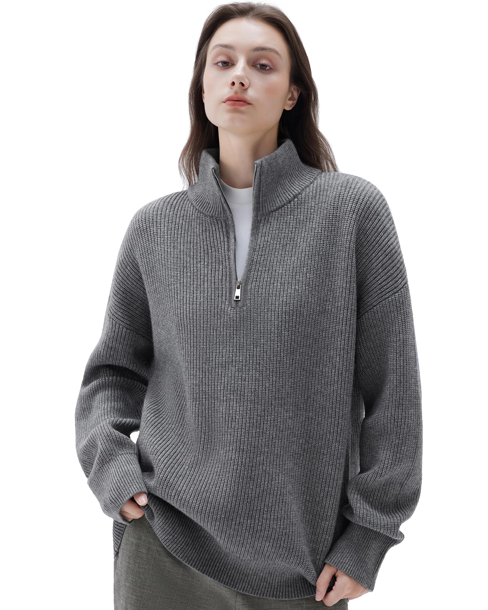 SUUKSESS Women Cashmere Blend Oversized Quarter Zip Pullover Sweater Long Sleeve Collared Ribbed Knit Jumper Tops