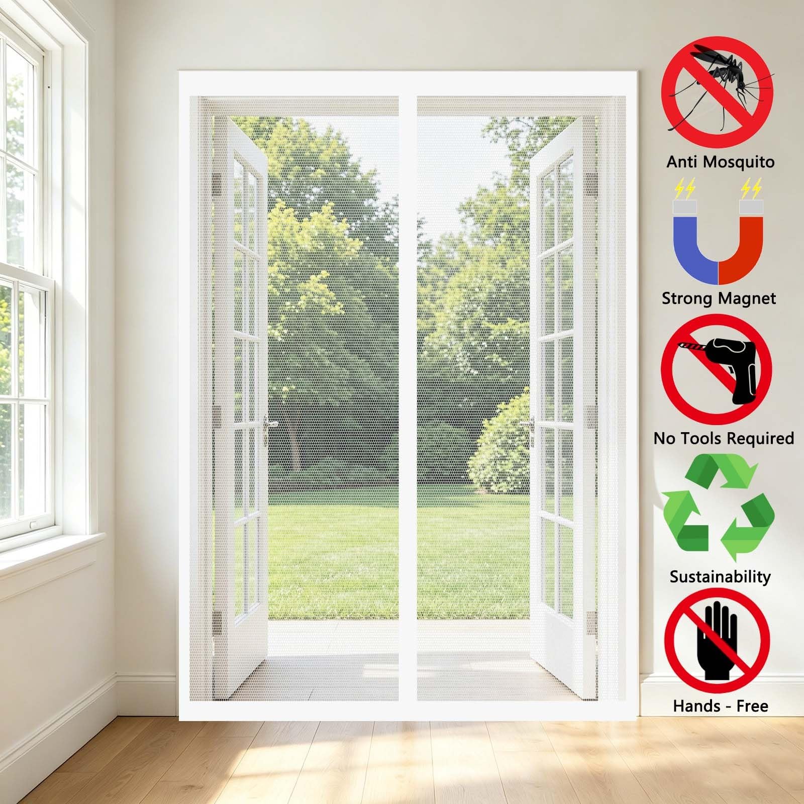 Zanzariera Porta Finestra 168 x 224 cm Magneti Potenti Chiusura Automatica, Traspirante Zanzariera Porta Finestra a Calamita Resistente Traspirante per Cantine Terrazze, Bianco